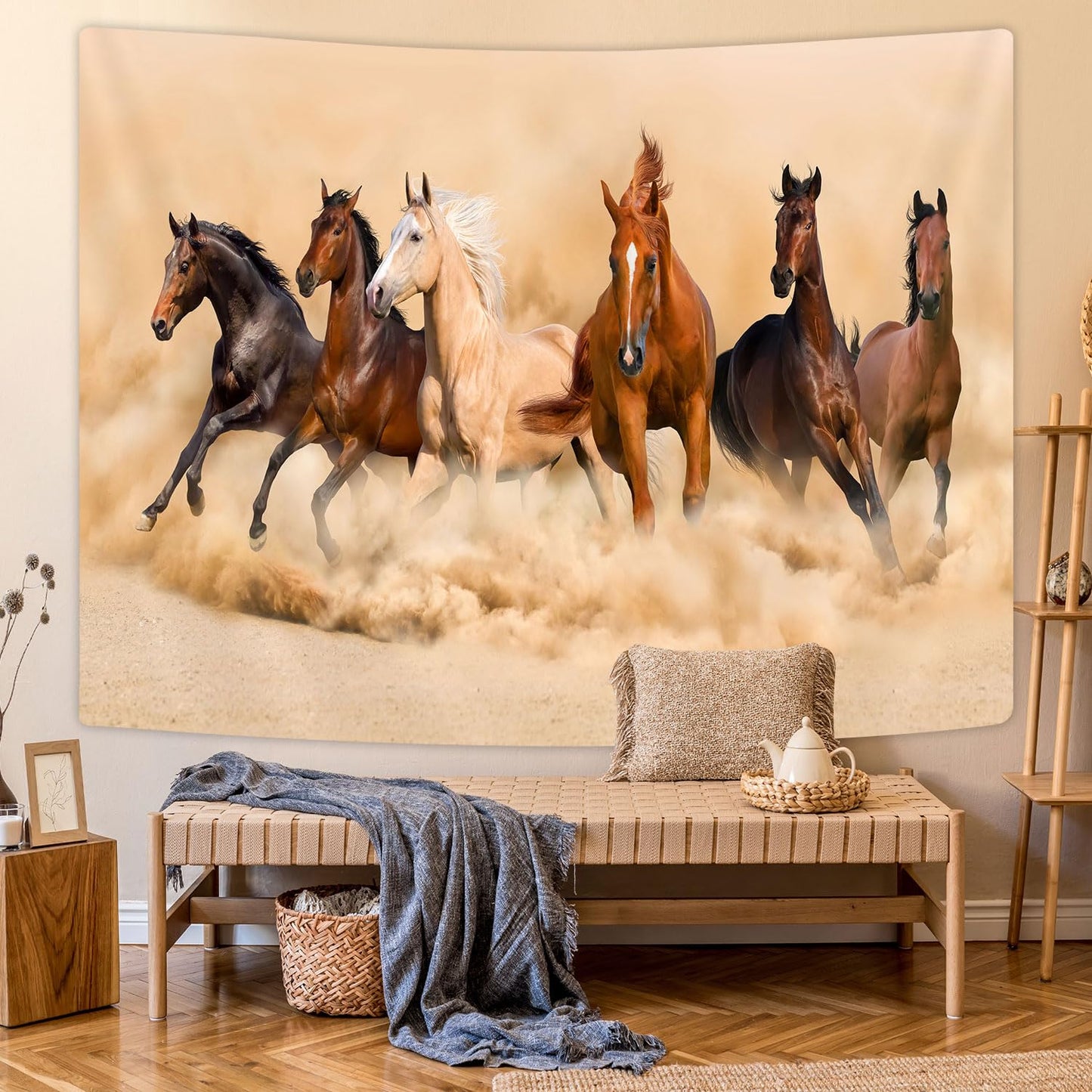 GOAOK Horse Tapestry, Galloping Wild Farm Animal Horse Running Western Desert on Mystic Sky Landscape Tapestry Wall Hanging for Bedroom Living Room Dorm Office Decor, 60X40In