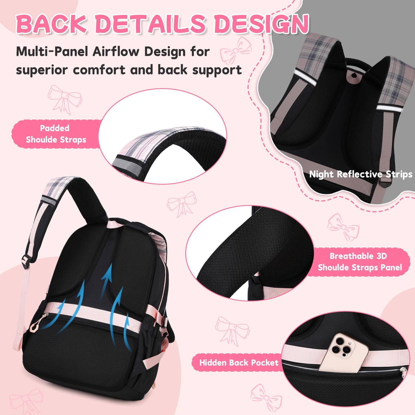 QIXIHU Girls Backpack, 17-Inch Bookbag for Middle & Elementary School, Kawaii Kids Backpack for Girls Ages 6-12(Black Pink)