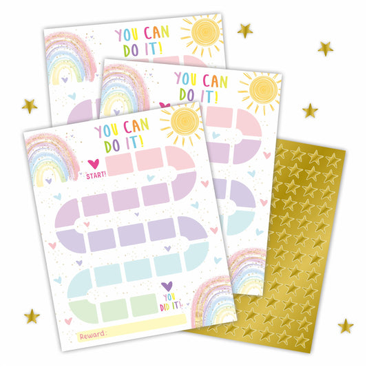 10 Reward Chart with 206 Golden Star Stickers-Boho Rainbow Theme -Incentive Chart,Positive Behavior Reward Chart for Kids,Toddler Homework Assignments, Attendance(8"X10")-A03