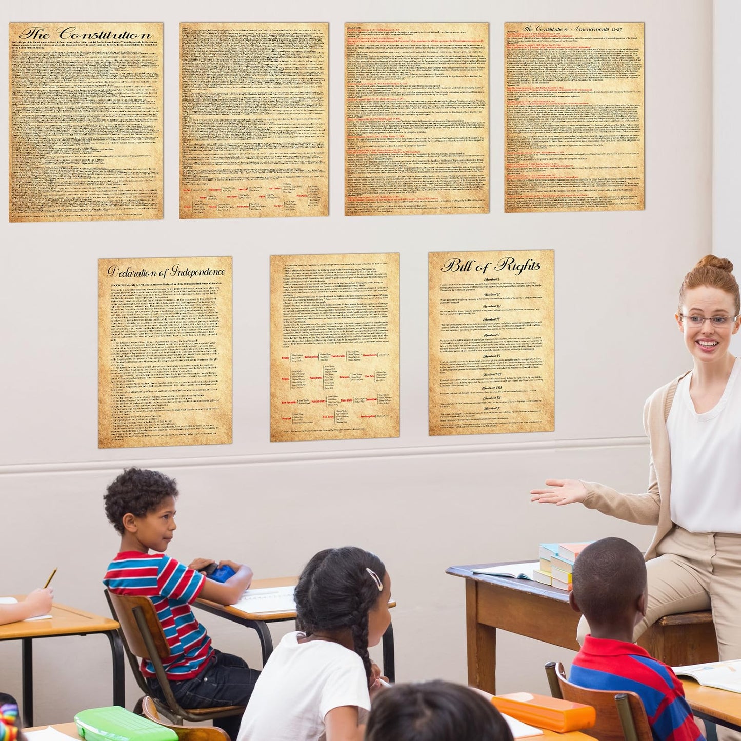 7Pcs American Founding Documents Poster US Constitution with All Amendments, Declaration of Independence and Bill Of Rights Posters Vintage US History Wall Prints for Classroom School Home Office