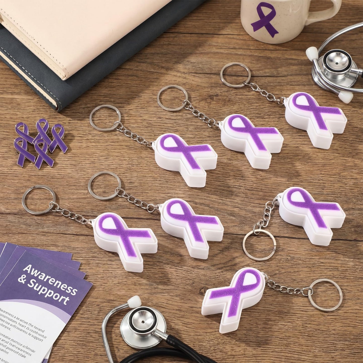 Kenning 12 Pcs Purple Ribbon Awareness 3D Sensory Clicker Fidget Keychains Bulk Support Gifts for Women Campaigns Lupus Fibromyalgia Domestic Violence Awareness Charity Fundraising Party Favors