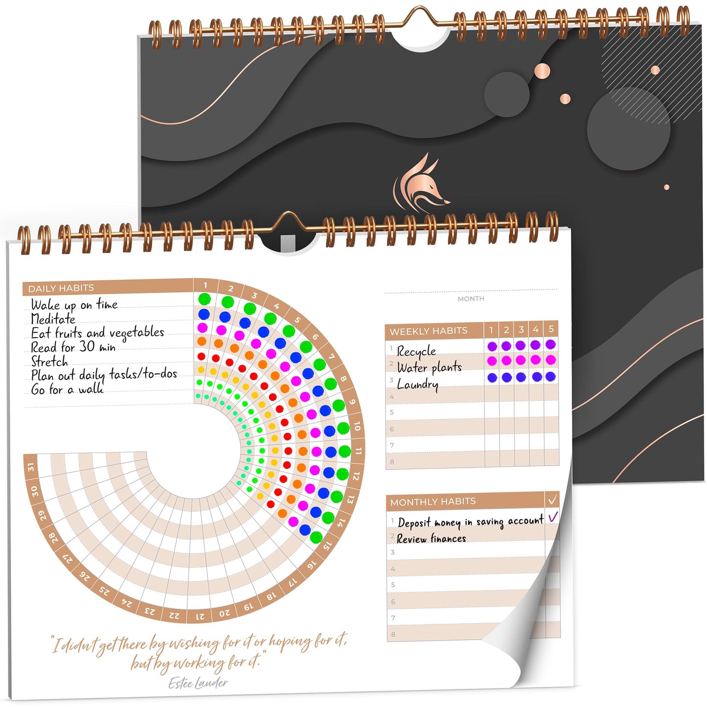 Clever Fox Habit Calendar Circle – 24-Month Inspirational Daily Habit Tracker with Colorful Pages – Routine & Goal Planner Journal (Black)