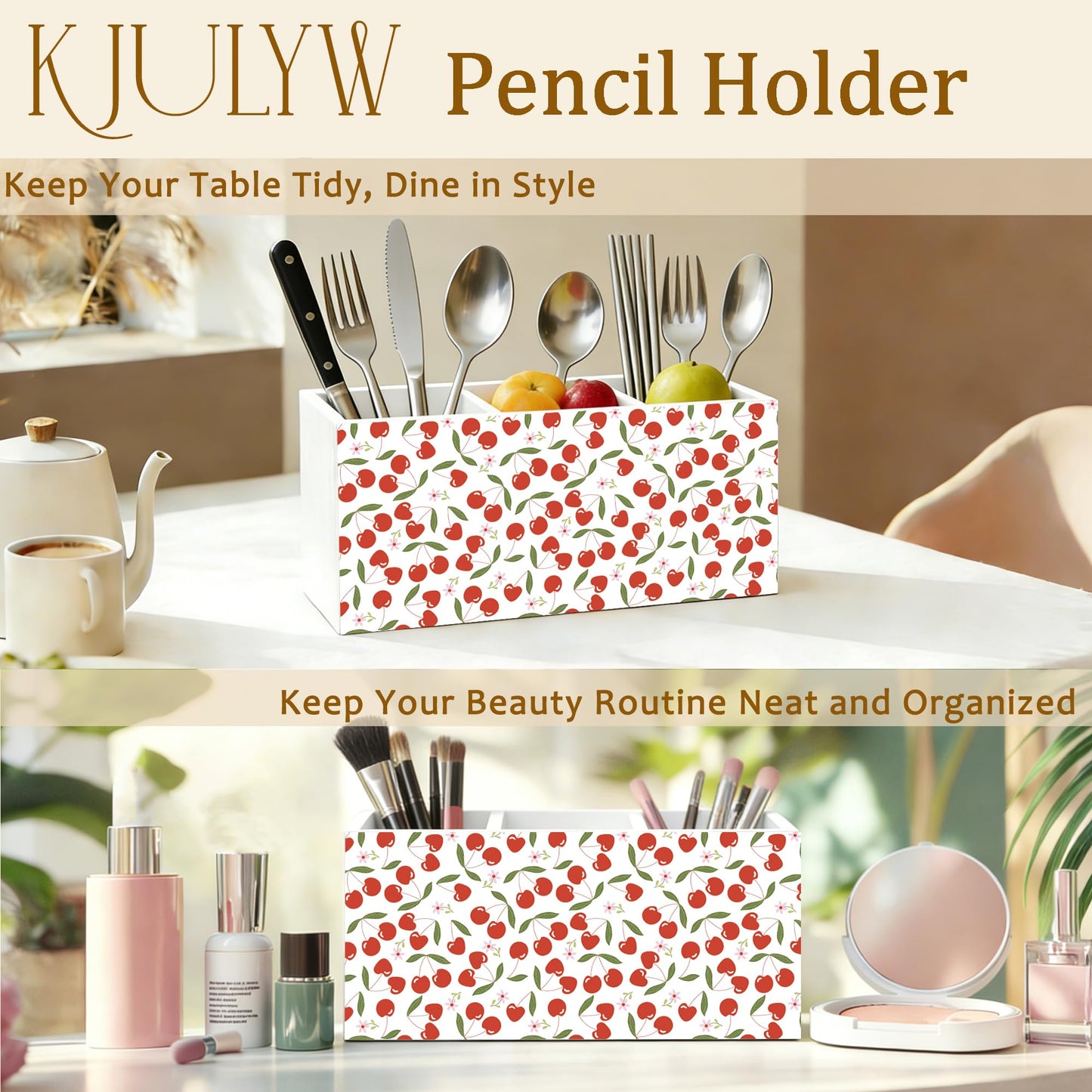 KJULYW Cute Cherry Pen Holder for Desk, Cherry Gifts for Women, Girly Aesthetic Cherries Floral Wooden Box Pencil Pen Holder Organizer for Home Office Desk Accessories