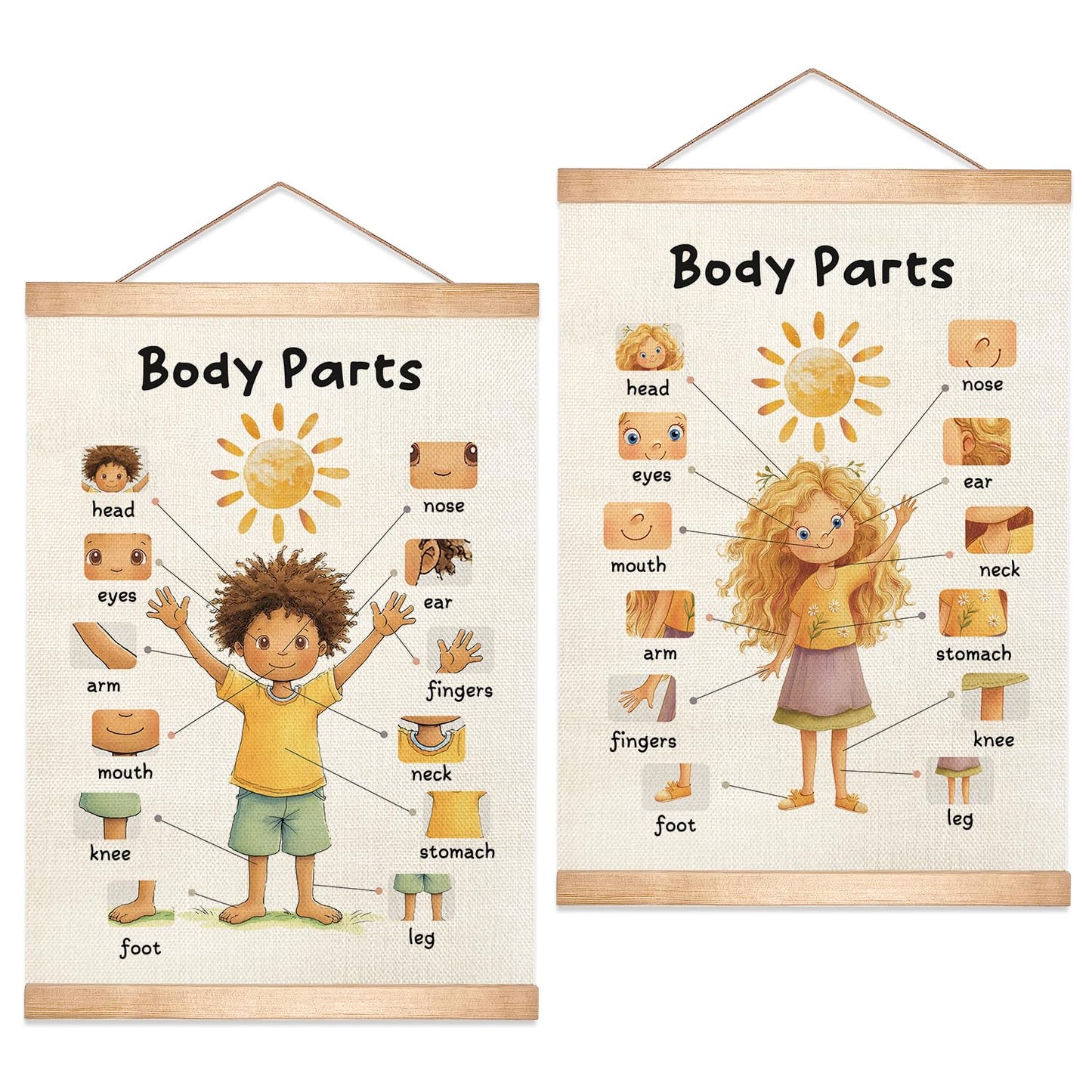 HEYJEEPER Body Parts Learning Posters Set of 2,Linen Educational Wall Art with Wood Hanger, Cute Girl & Boy Body Parts Charts for Toddlers Preschool Classroom Playroom Nursery Decor,18.5x14 Inch