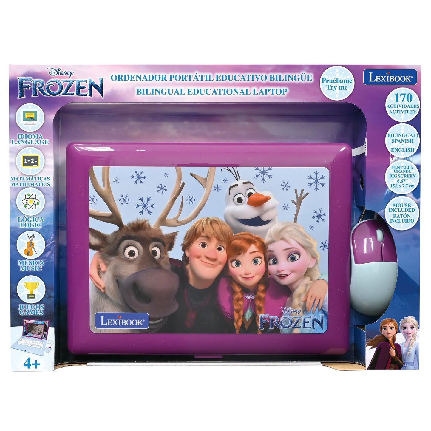 Lexibook, Frozen, Bilingual and Educational Laptop Spanish/English, Toy for Children, 170 Activities to Learn, Play Games and Music, Large Screen, Purple/Blue, JC599FZi2