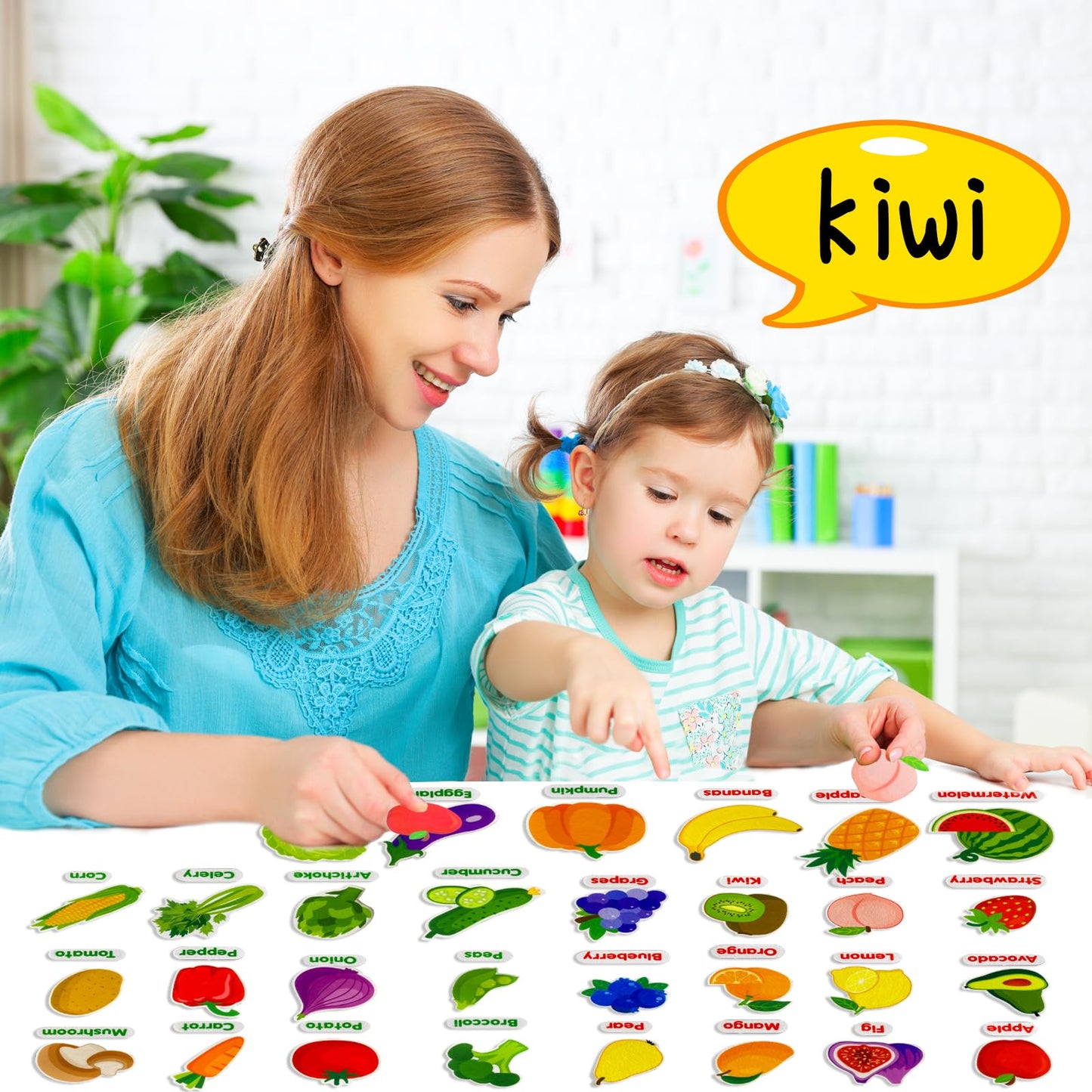 PENGFULL Felt Fruits and Vegetables Learning Pieces,62 Felt Flannel Board Pieces,Learn Common Fruits and Vegetables and Words for Kindergarten,Preschool,Toddlers