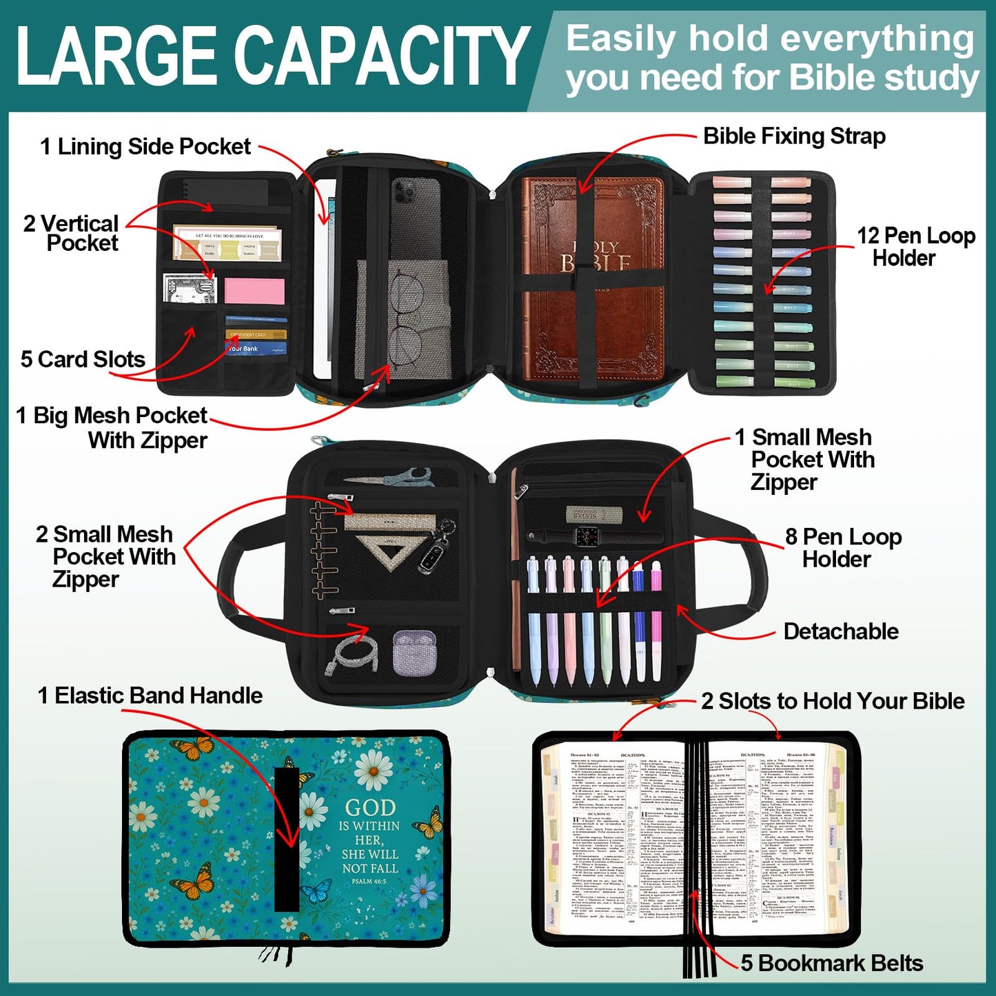 IBOVODI Daisy Bible Cover Case for Women, Vintage Floral Large Bible Bag Carrying Case, Bible Study Supplies Bible Journaling Kit Book Carrying Case with Bible Highlighters Tabs Pens Cross Clips