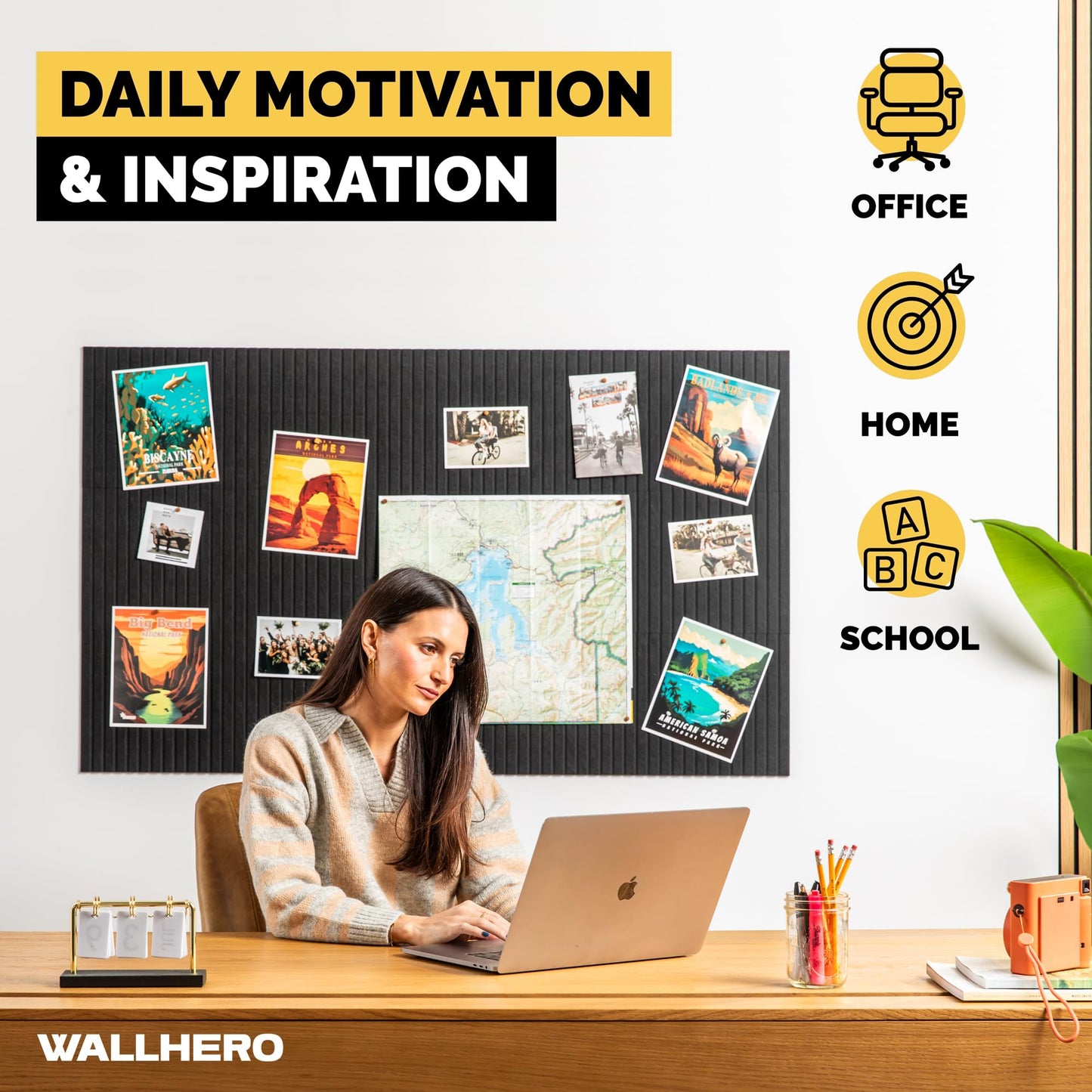 WALLHERO Large Bulletin Board, Tack Board, 59"x36" | 15 Pack | Wall Pin Board, Cork Board Alternative for Walls, Tablero de Corcho para Pared, Cord Board for Wall (Black Slats)