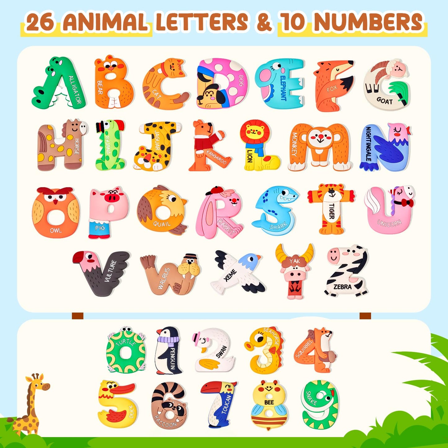 JoyCat Magnetic Letters and Numbers Fridge Magnets, Soft PVC Learning Refrigerator Toy Set for Kids & Toddlers, 26 Animal Alphabet Letters and 0-9 Numbers, Birthday Gifts for Baby Boys and Girls