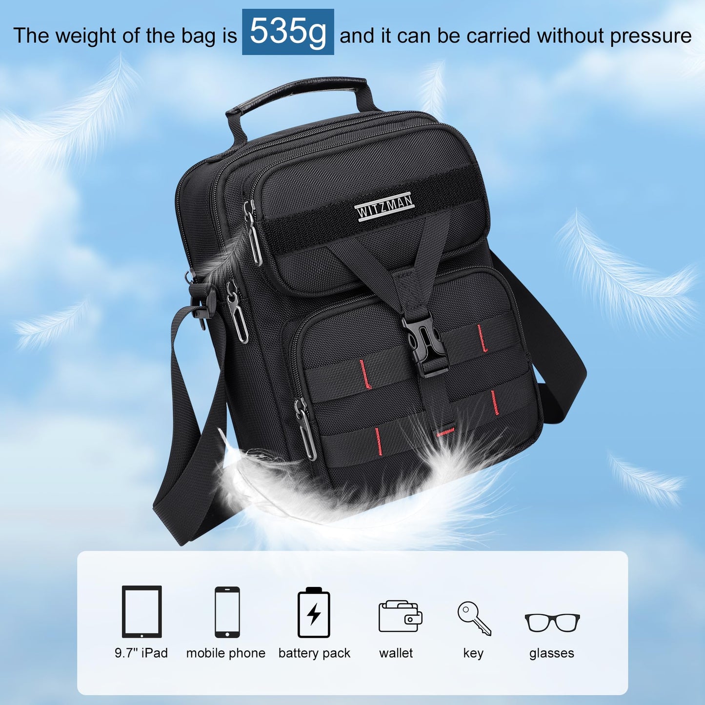 WITZMAN Crossbody Bag for Men Travel Small Shoulder Bags Lightweight Man Purse Messenger Bag for Casual Daliy Work Traveling（B707 Black）