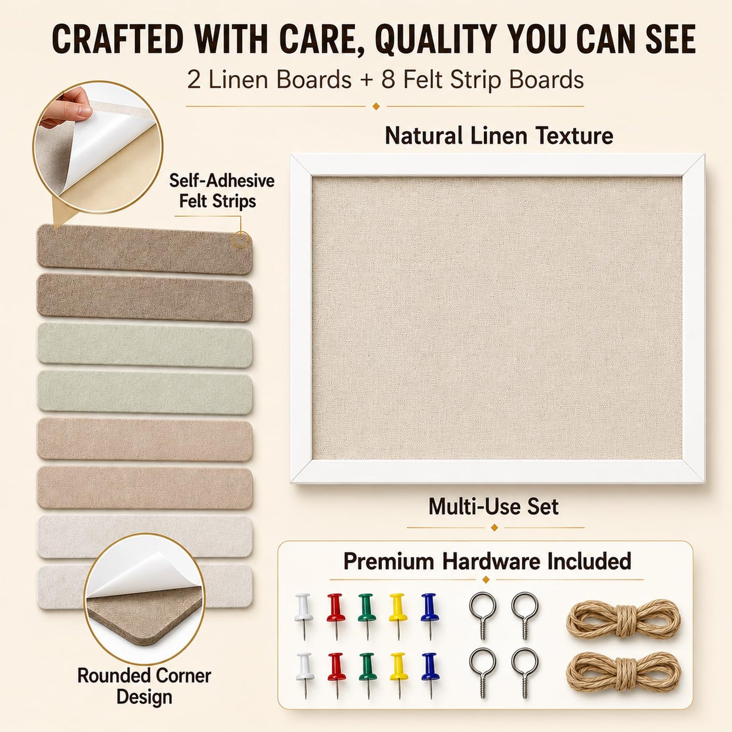 OKSON Bulletin Board Set, 2-Pack 12"x16" Framed Linen Cork Boards for Walls & 8-Pack Felt Strips, Decorative Pin Board & Vision Board for Home Office Decor, Includes Push Pins & Hardware