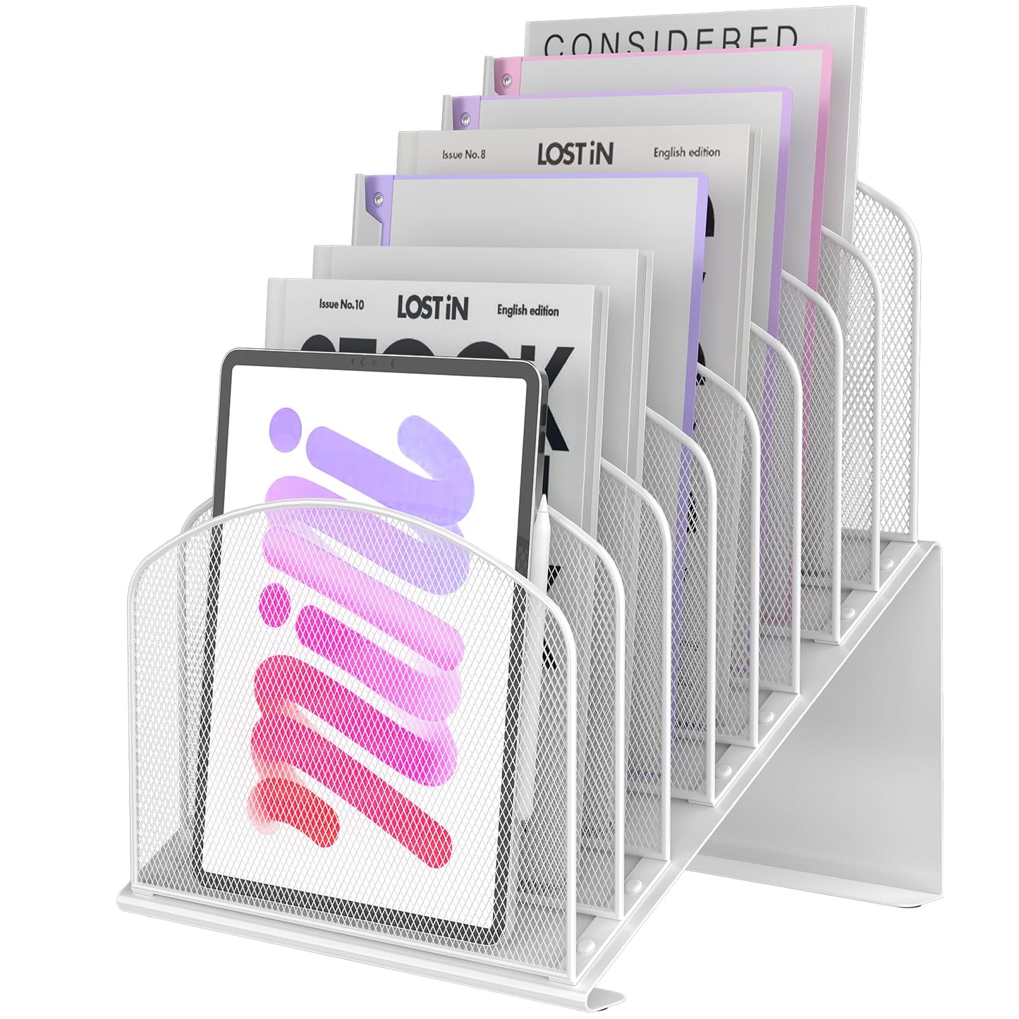 Inclined Desk File Organizer Metal Desk Magazine Folder Holder with 8-Section Vertical Compartments Rack File Organizer for Office, Home, School, White