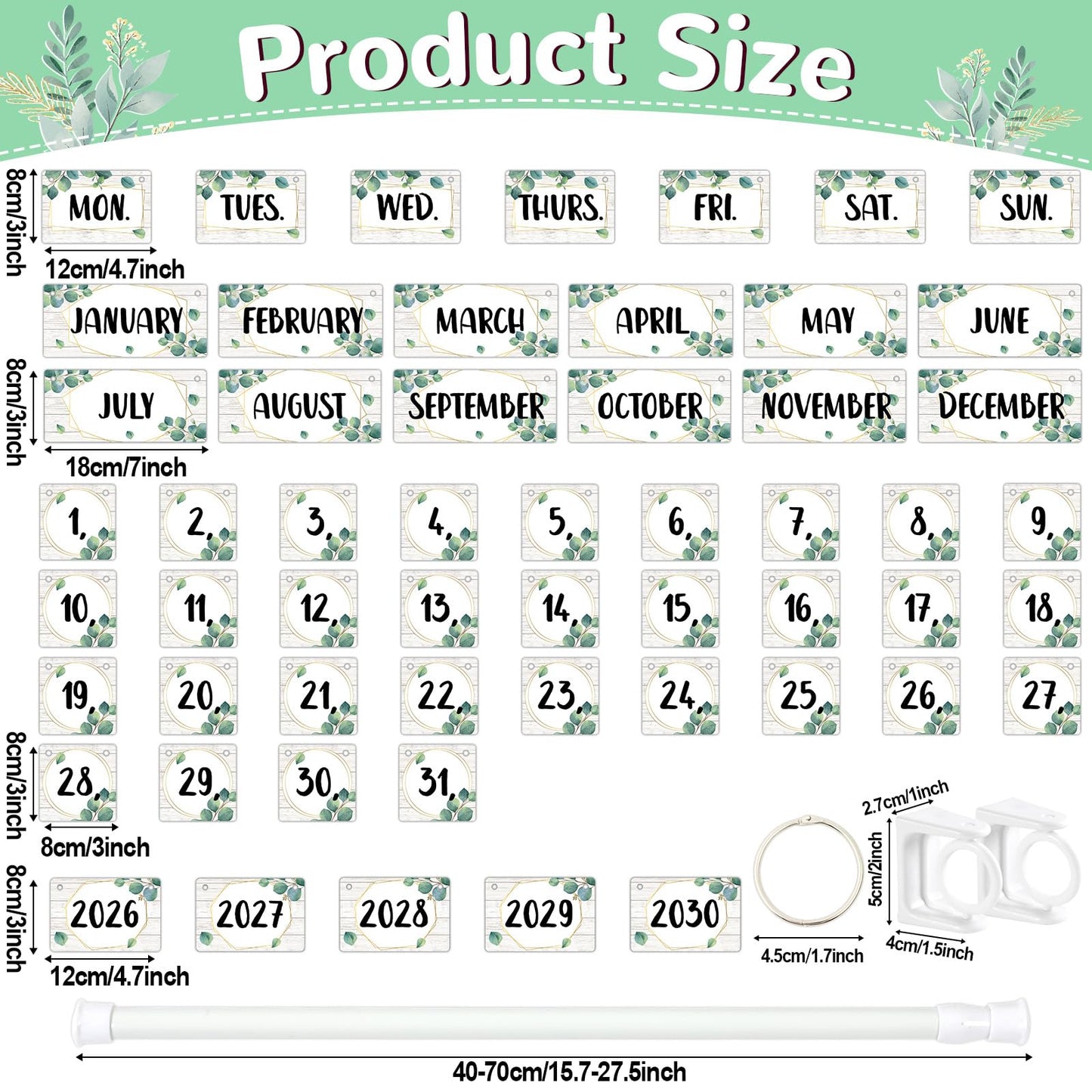 Eucalyptus Flip Calendar for Classroom Bulletin Board Set Greenery Calendar Class Whiteboard Decor with 2026 to 2030 Years Date Cards and Adjustable Rod for Home Elementary School Teacher Supplies