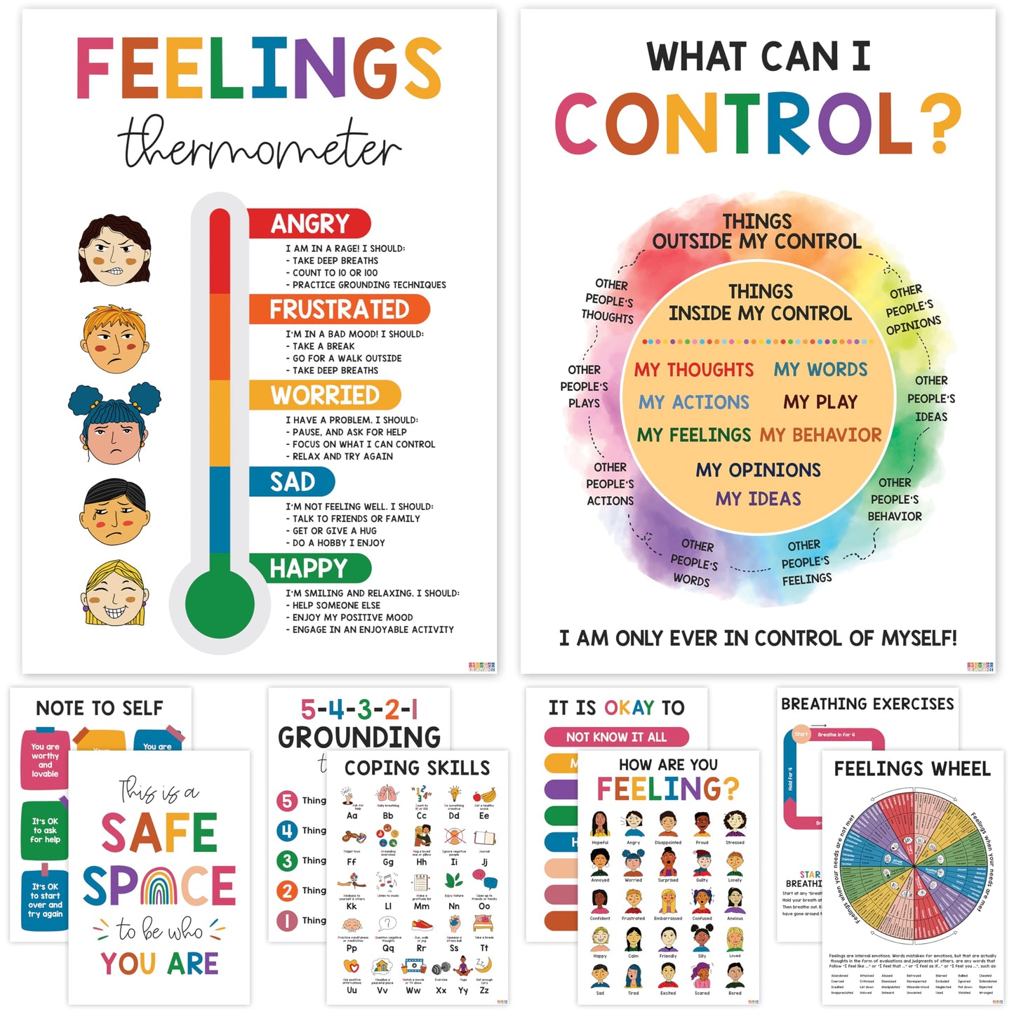 10 Mental Health Posters For Kids (10"x14") Therapy Office Decor, Feeling Wheel Poster, What Can I Control, Emotions Chart Kids Inspirational Wall Art, Classroom School Counselor Psychologist Decor