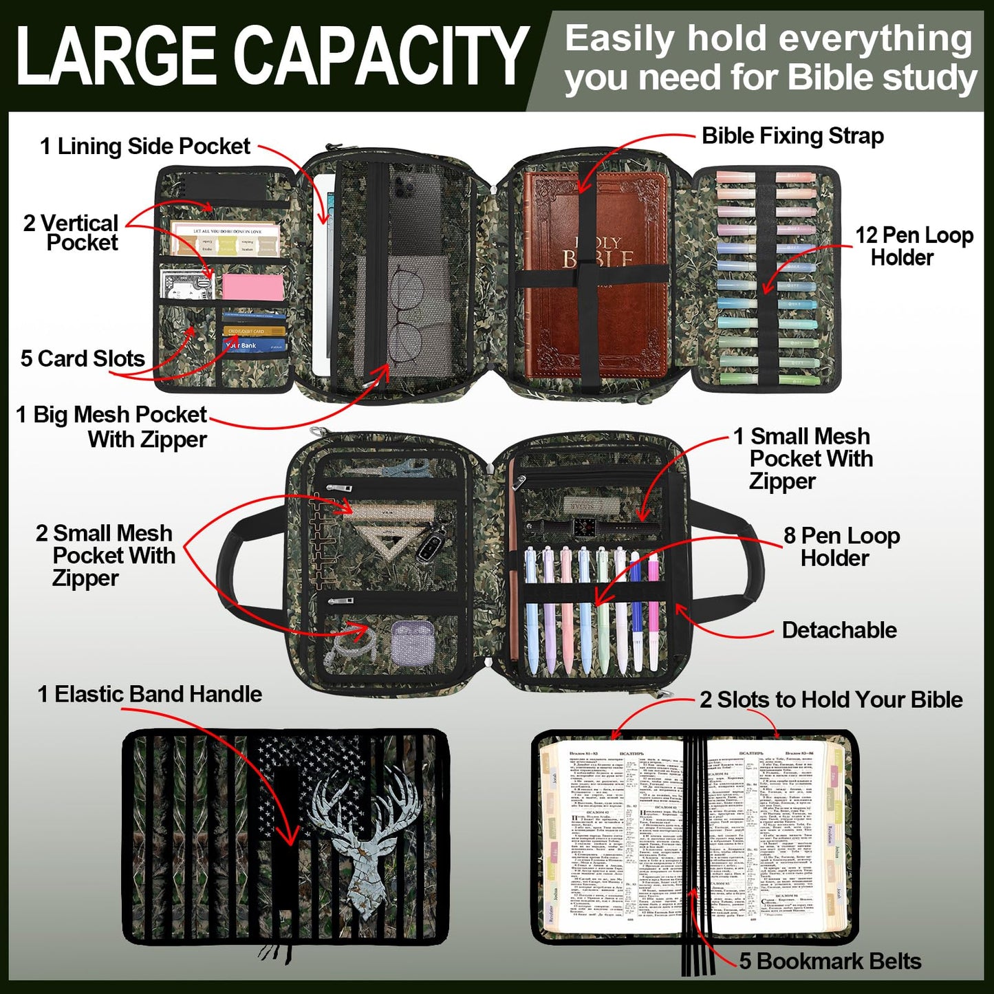 IBOVODI Camo Bible Case Covers, Large Bible Tote Bag Book Cover Study Supplies with Shoulder Strap Handle Zippered Pocket for Men Women (American Flag Deer)