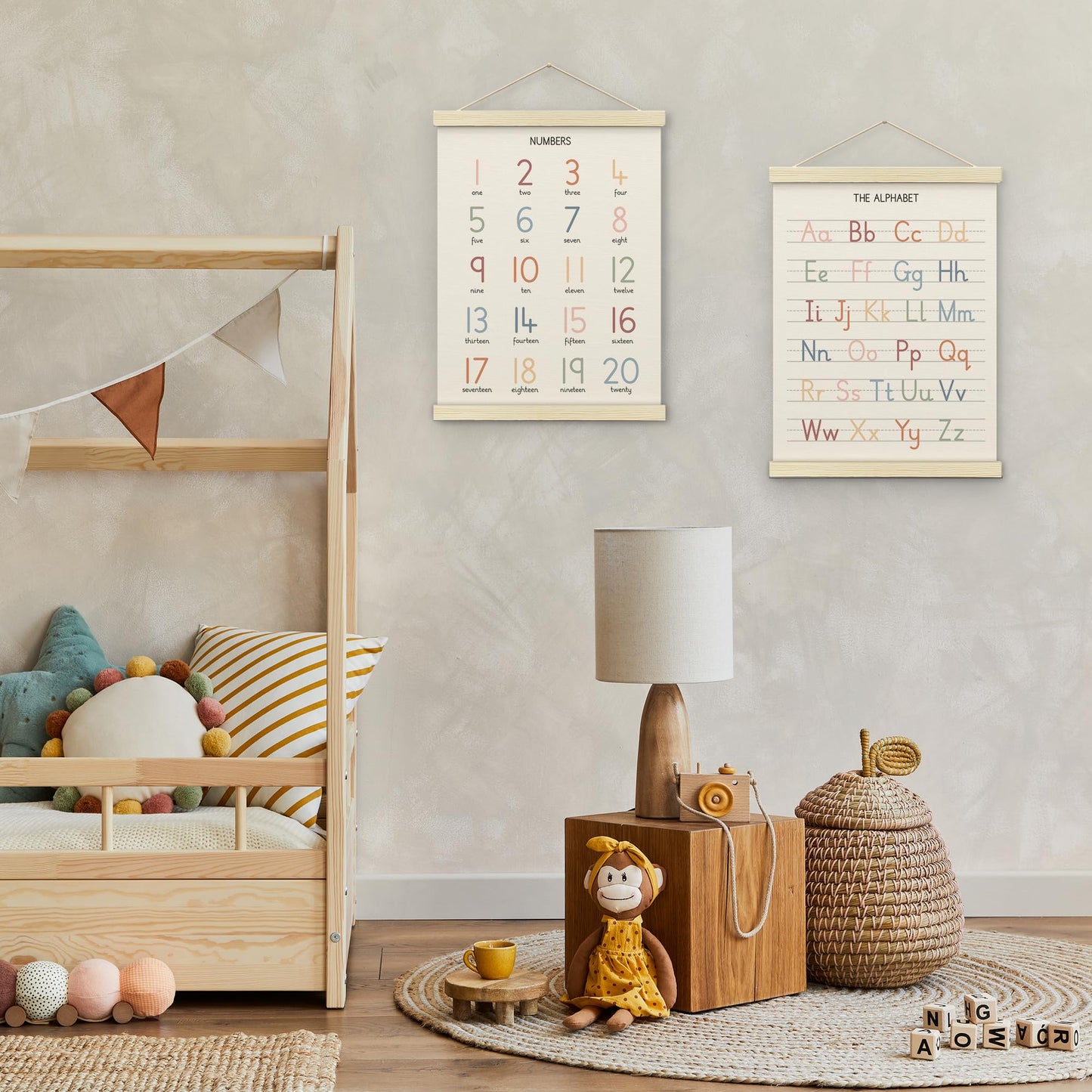 BONETAT Numbers alphabet poster for Nursery Toddlers, Play Room Wall Decor, ABC Wall Chart, Wall Hanging Decor for Toddler Playroom Decor Kids Wall Decor, Wooden Frame Alphabet Banner-A12