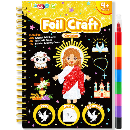 FUNNYB&G Foil Art Craft Kit for Kids 4-10 Years Old: Mess-Free & No-Glue, Create 16 Sparkly Christian Pictures – Perfect Travel Toy & Birthday Gift for Kids (Christian)