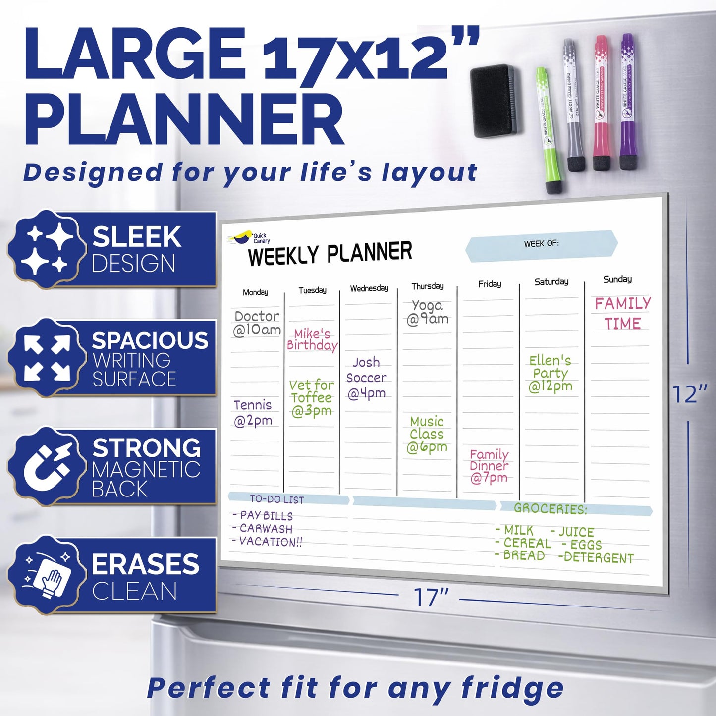 Magnetic Weekly Planner for Fridge - 17x12” Stain-Resistant Dry Erase Whiteboard Fridge Calendar with Large Writing Space for Schedules, Chores & Meals - Includes 4 Markers & Eraser