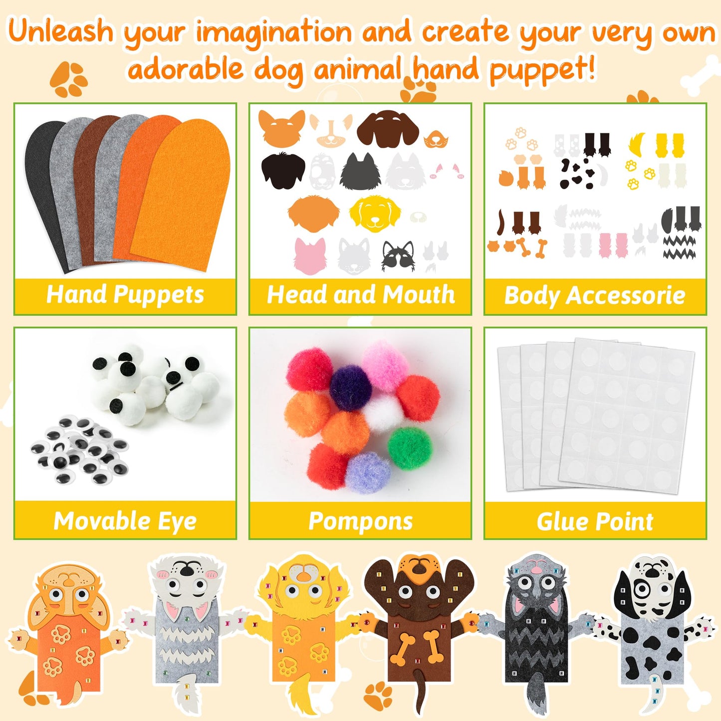 WATINC 6Pcs Hand Puppet Making Kit, Art Craft Felt Sock Puppet Toys, Creative DIY Make Your Own Pompoms Wiggle Googly Eyes Storytelling Role Play Party Supplies Gift for Girls Boys (Dog A)