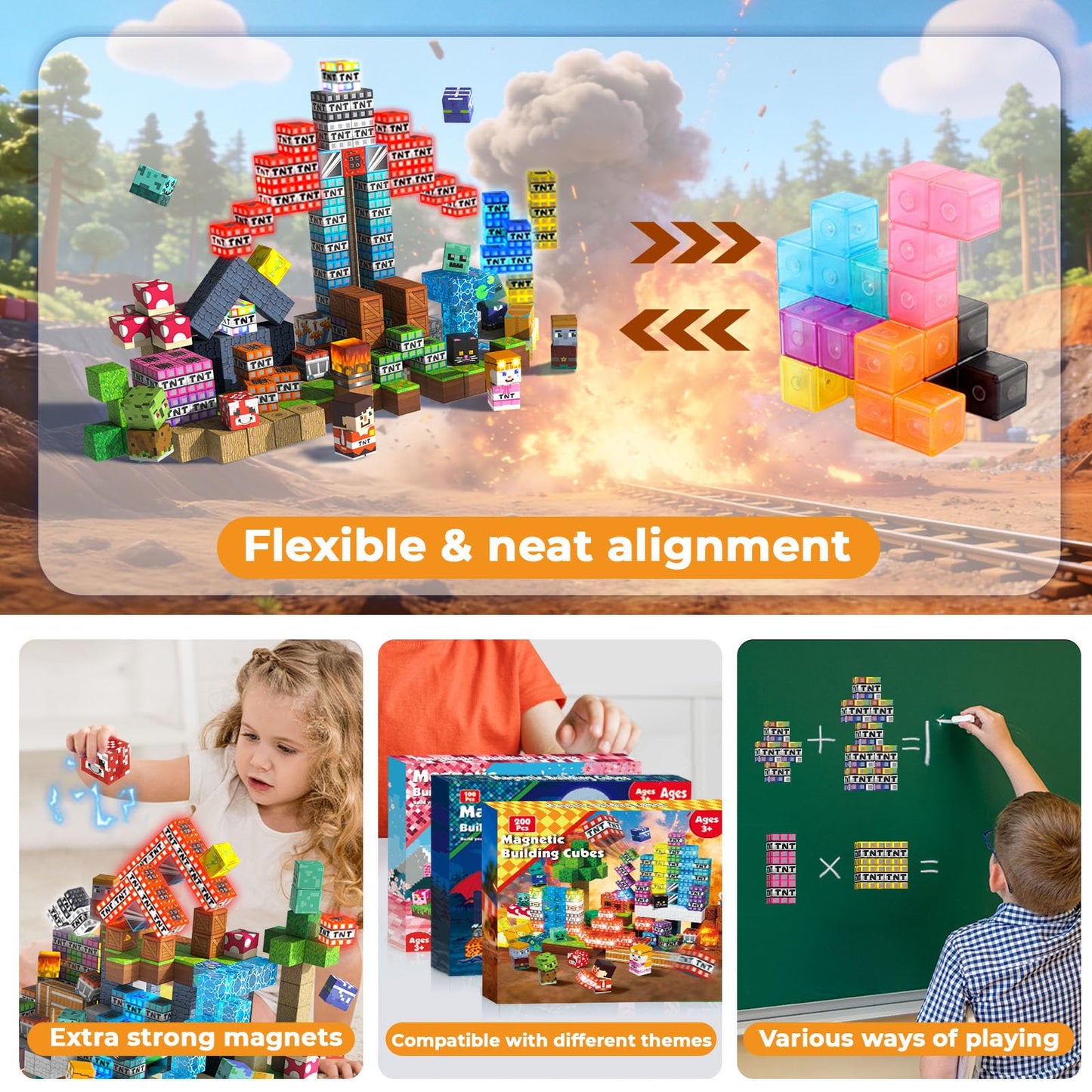200PCS Magnetic Blocks with Light up Blocks - TNT Magnetic Blocks, Magnetic Building Blocks Cubes for Kids Ages 4 5 6 7 8 +, Magnet Toys, Birthday Gift for Boys & Girls Ages 3-8