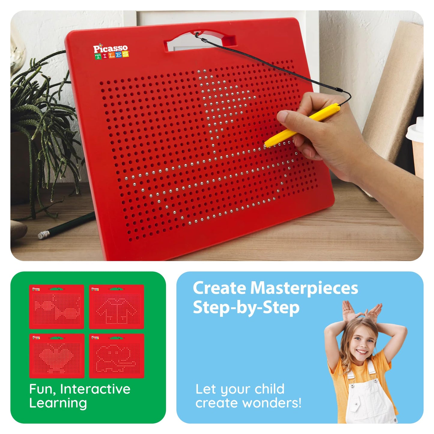 PicassoTiles Toys Magnetic Drawing Board 12x10 inch Large 748 Bead Magnet Tablet Pad Erasable Reusable Writing Playboard STEM Toys Educational Playset Open-Ended Learning Kit PTB01