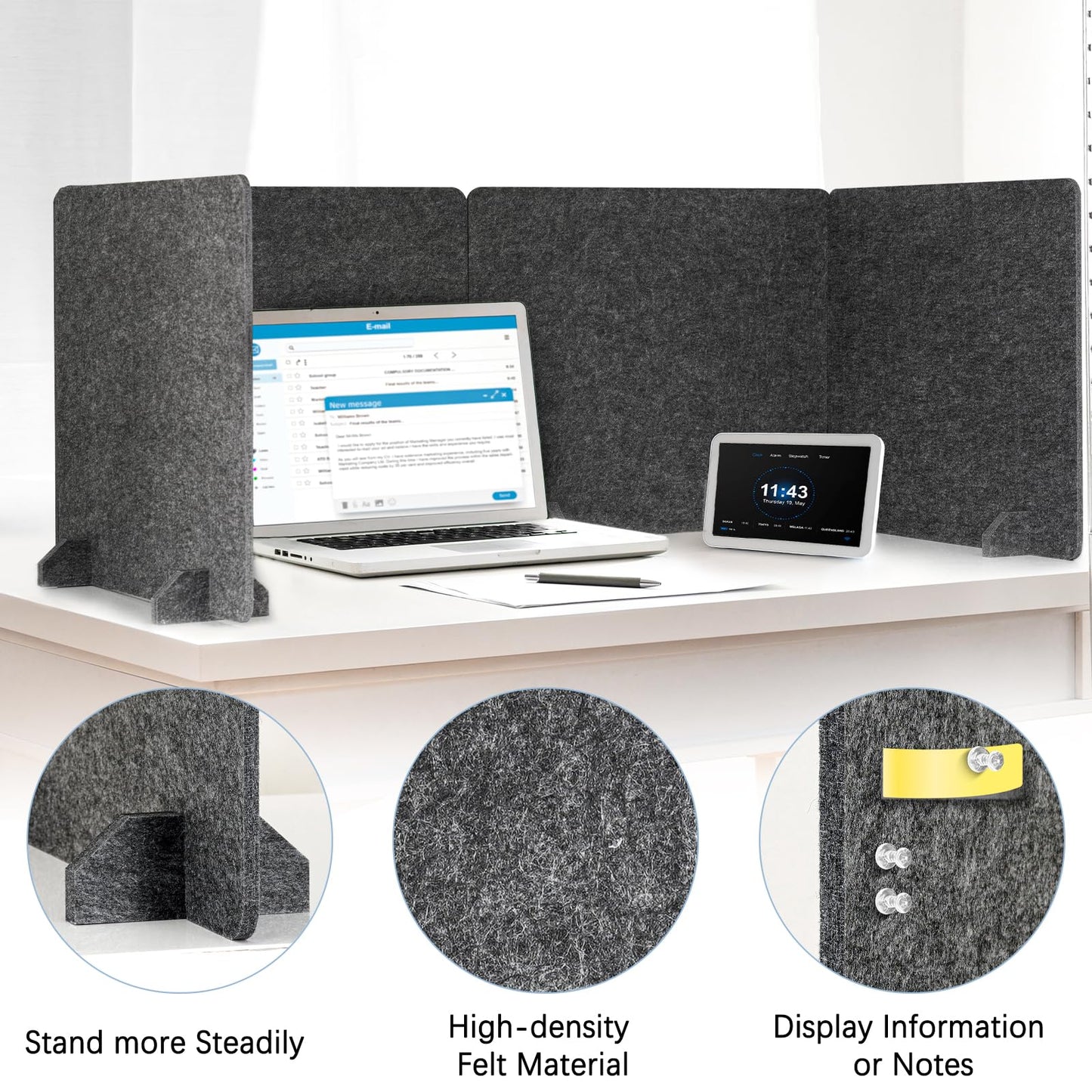 AMUSIGHT 4 Pack Acoustic Desk Dividers - 24" x 20" Freestanding Privacy Panels Set with Noise - Reducing Design Cubicle Sound Proof, Ideal for Office, Classroom, and Home (Dark Gray)