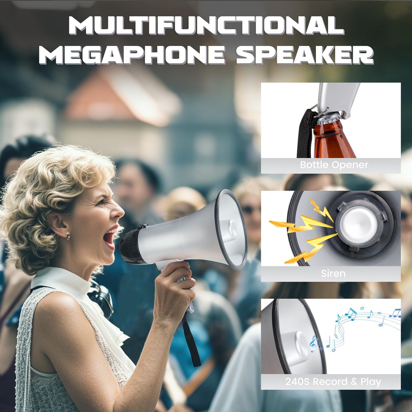 MyMealivos 20W Megaphone Bullhorn, Built in Siren & 240s Recording, 5.4"×8.6" Portable Megaphone with Volume Control Cover Up to 300 feet+ for Indoor and Outdoor Activities(Silver)