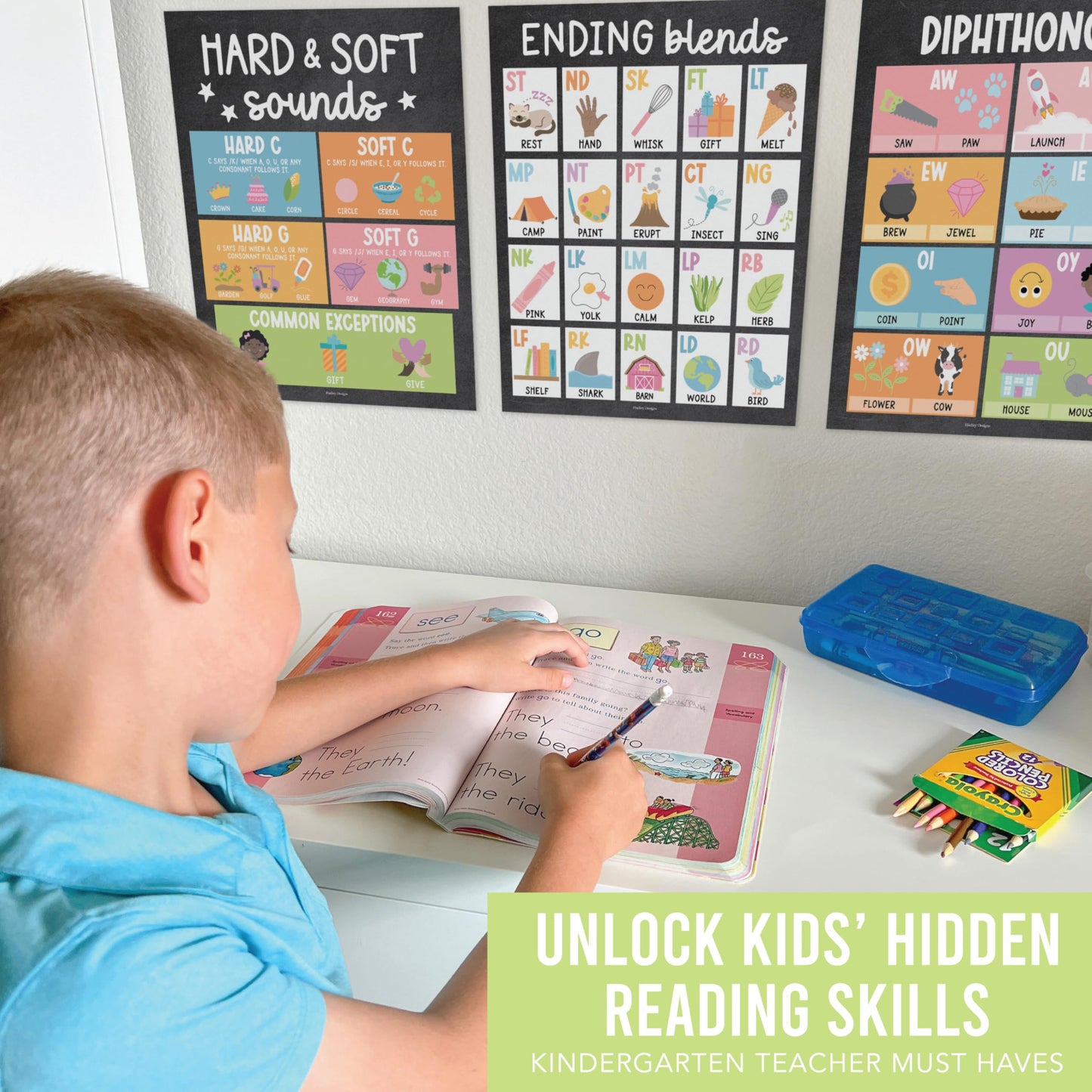 Hadley Designs Phonics Posters for Classroom Must Haves - 9 Sound Wall for Kindergarten & Elementary Teacher Supplies, Syllable, Vowels, Digraphs & Blends Bulletin Board Set, Chalkboard Classrom Decor
