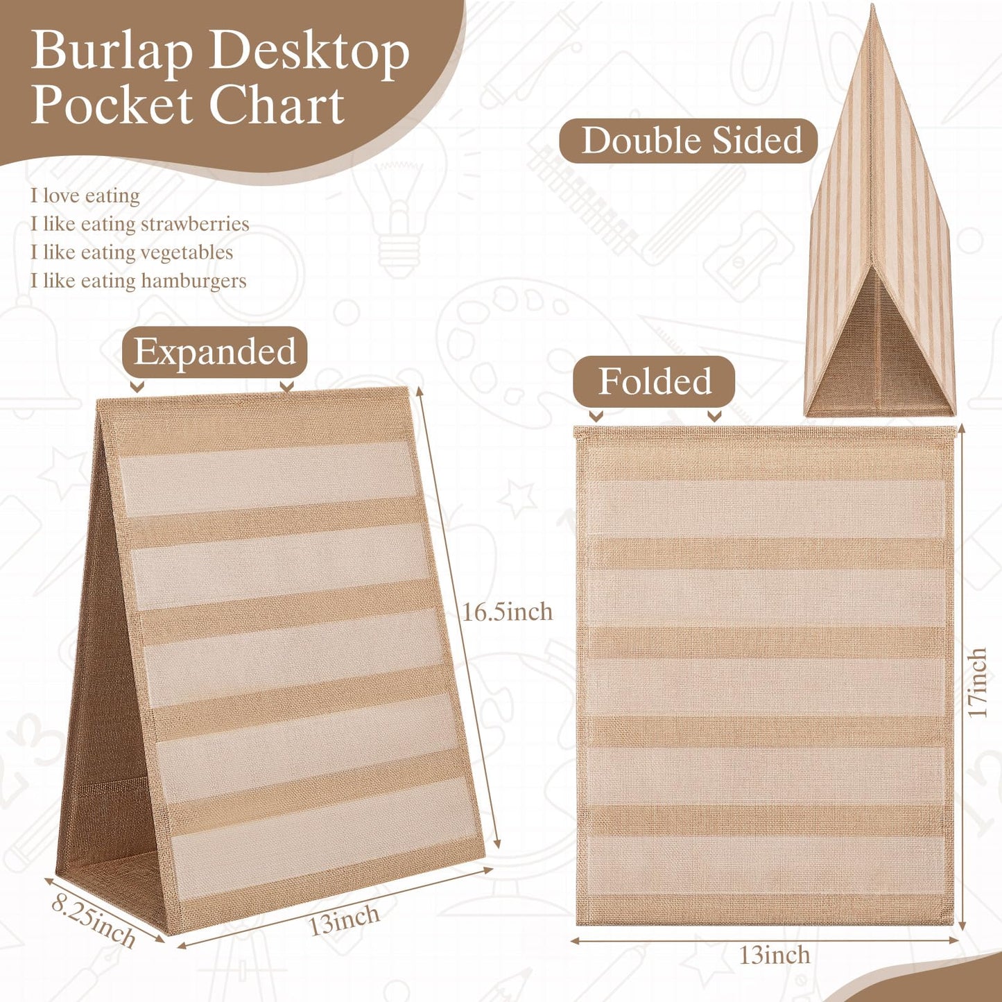 Motipuns Burlap Pocket Chart for Classroom, 17 x 13 Inches Farmhouse Desktop Pocket Chart Stand Double Sided Tabletop Stand Decor for Teacher Homeschoolers Aids in Teaching(1 Pack)