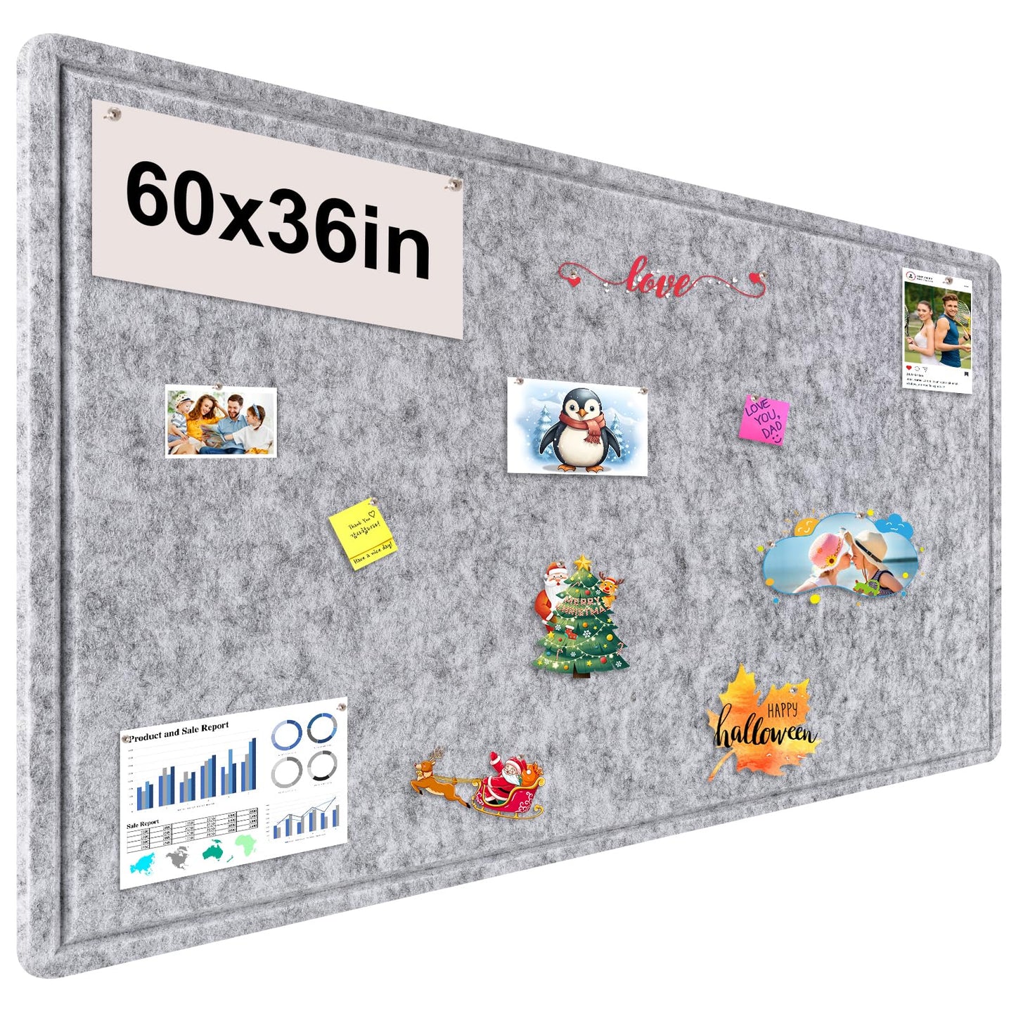 Large Bulletin Board, Foldable 60x36 Inches Cork Board Alternative, Large Felt Board Decorative Pin Board for Wall, Foldable Photo Board Self-Adhesive Vision Board with 36 Pushpins Light Gray