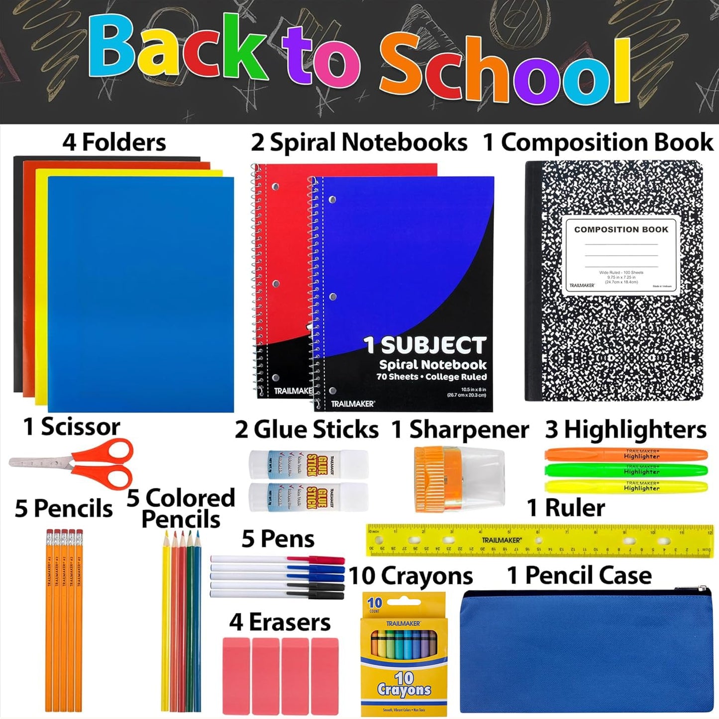 Trail maker School Supplies Kit 45 Piece School Supply Kit Grades K-12 – Back to School Essentials Includes Folders Notebooks Pencils Pens and Much More!