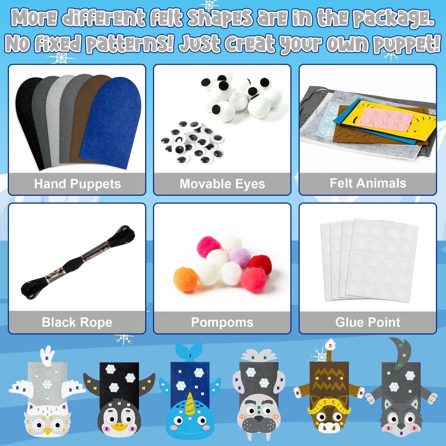 WATINC 6Pcs Hand Puppet Making Kit, Art Craft Felt Sock Puppet Toys, Creative DIY Make Your Own Pompoms Wiggle Googly Eyes Storytelling Role Play Party Supplies Gift for Girls Boys (Polar Animals B)