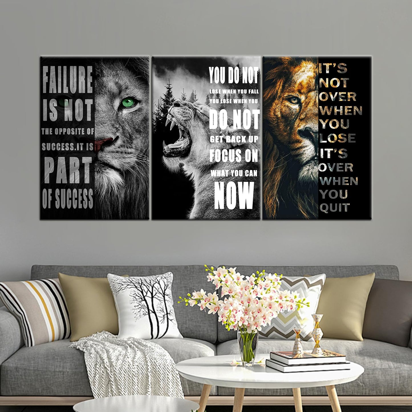 3 Panels Motivational Lion Canvas Print Wall Art Inspirational Quote Picture Animal Poster Painting Modern Inspiring Artwork Decor for Living Room Office Home Decor Wooden Framed [72''Wx 36''H]