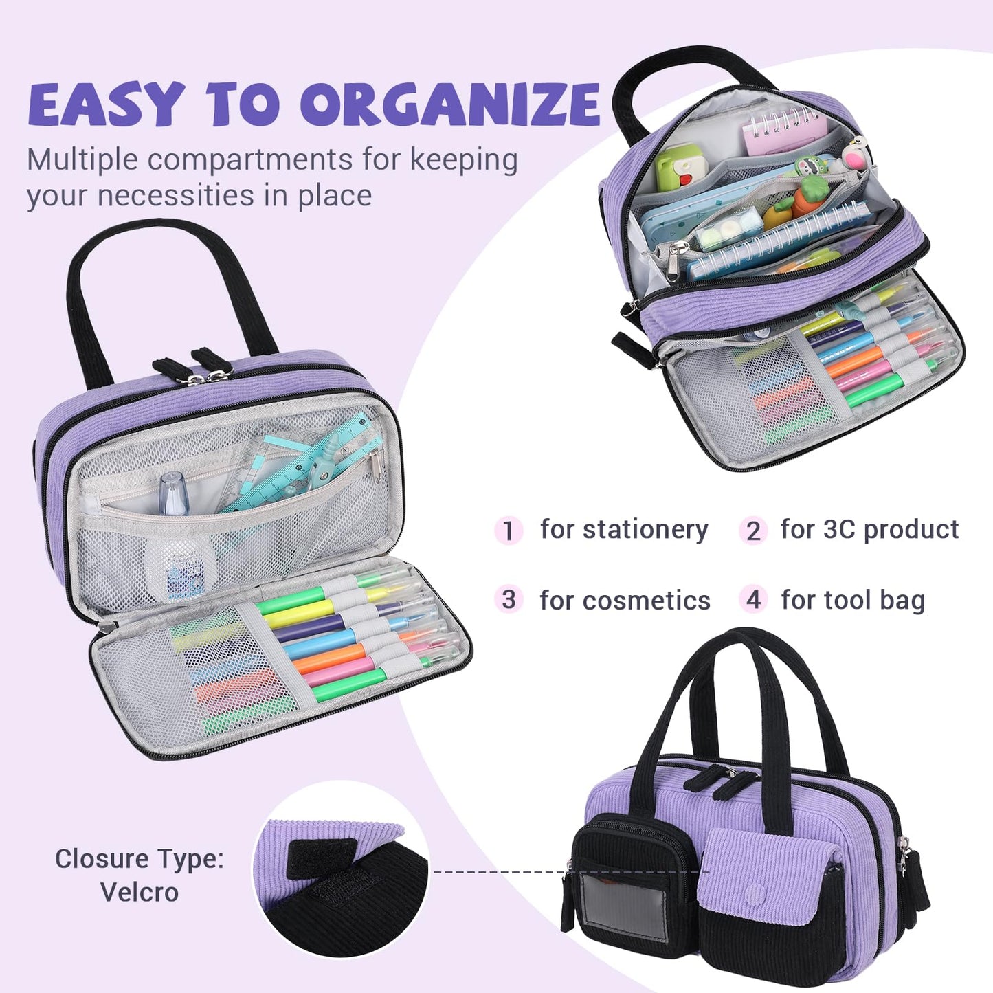QIXIHU Pencil Case for Kids Girls Makeup Bag Women Cute Corduroy Pencil Bag with 5 Compartments Pencil Pouch Organizer Aesthetic School Supplies, Black Purple