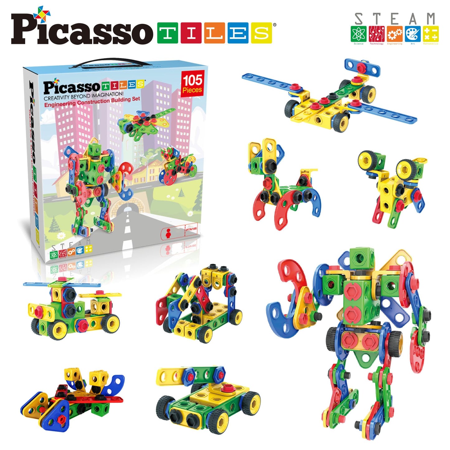 PicassoTiles STEM Learning Toys 105 Piece Building Block Set Kids Construction Engineering Kit Toy Blocks Children Early Education Playset w/IdeaBook, Power Drill, Clickable Ratchet, Age 3+ PTN105