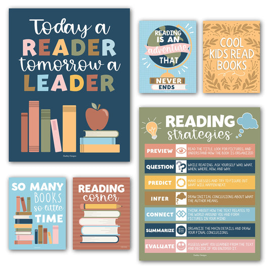 Hadley Designs Reading Posters for Classroom Elementary and Library Decor - 6 Reading Corner Decor for Classroom Decorations, Reading Strategies Library Posters, Colorful Bulletin Board Decorations