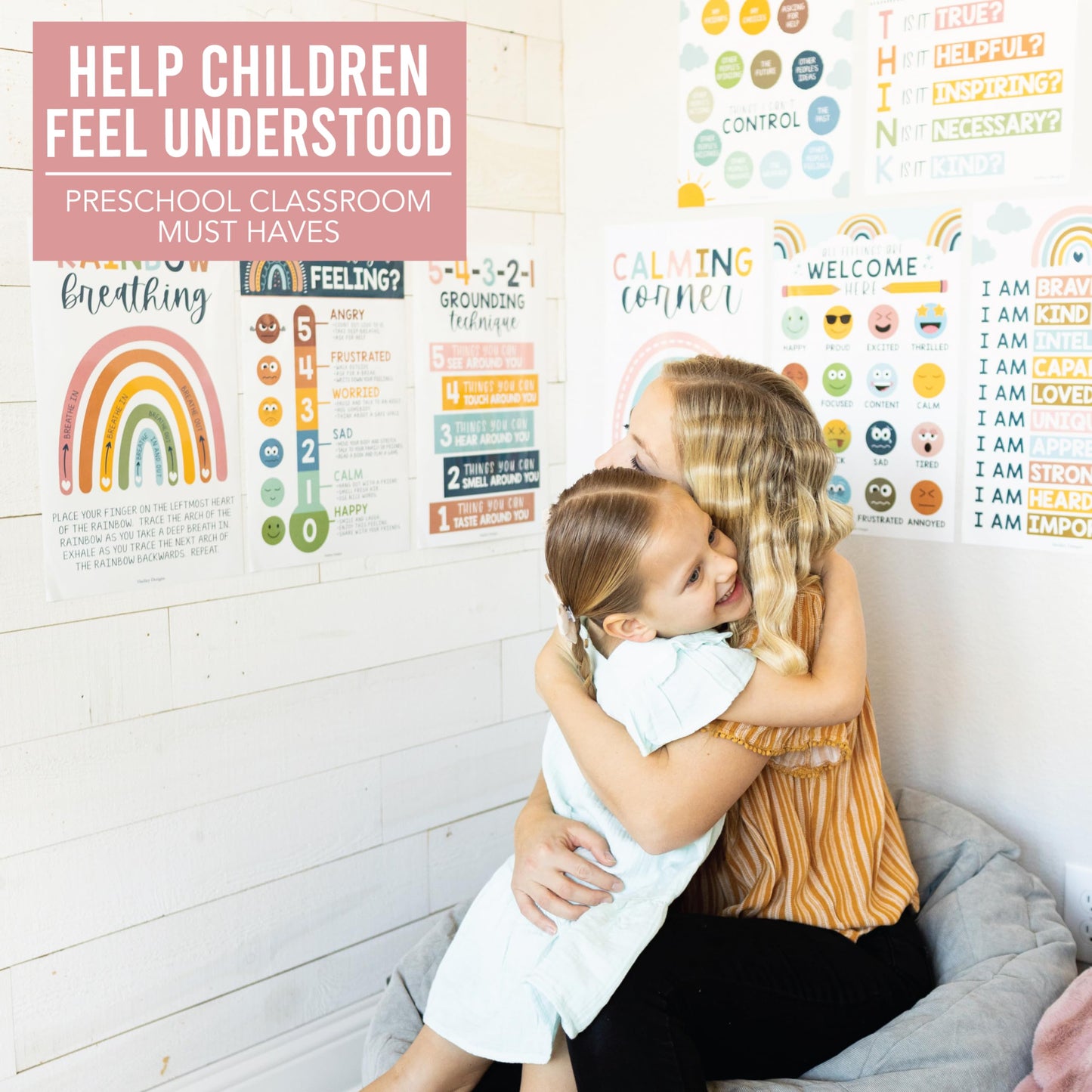 Hadley Designs 8 Calming Corner Posters for Classroom Must Haves - Calm Down Corner Supplies with Emotions Chart, School Counselor Mental Health Poster, Feelings Chart For Kids, Boho Classroom Decor