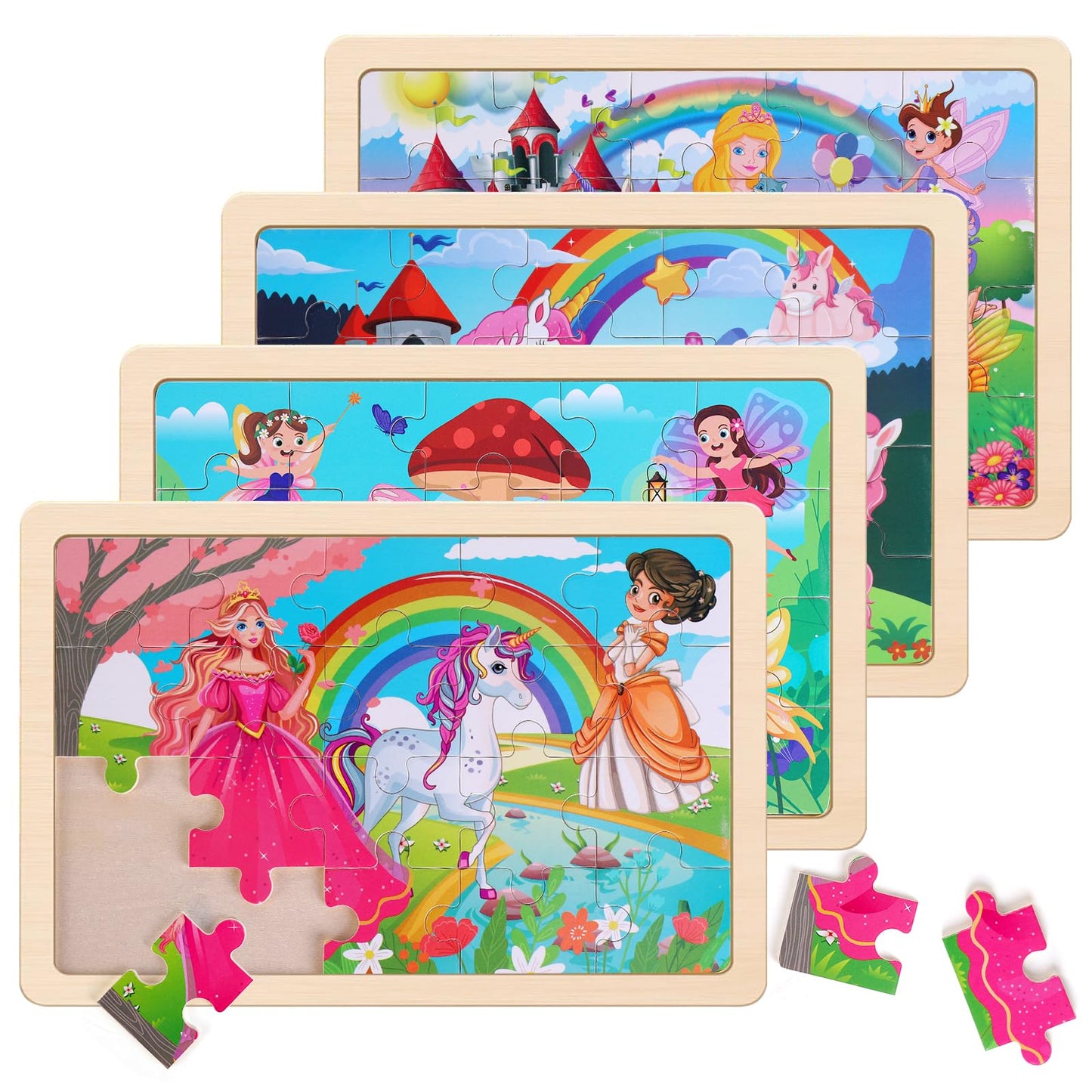 Wooden Educational Jigsaw Puzzles for Preschool Kids Ages 3-5, 4-Pack with 20 Pieces Unicorn Princess Wood Puzzles Set, Toddler Brain Teaser Toys, Preschool Gifts for Boys Girls Ages 3 4 5 6