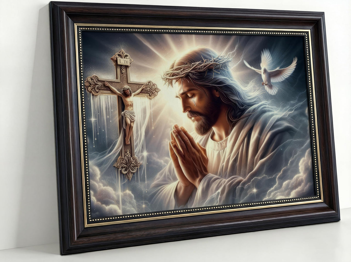 Dark Brown Framed Jesus Praying Canvas Wall Art Good Friday Wall Decor Picture Christian The Cross Carrier Pigeon Poster Print Painting for Church Prayer Room Living Room Bedroom Home Decoration