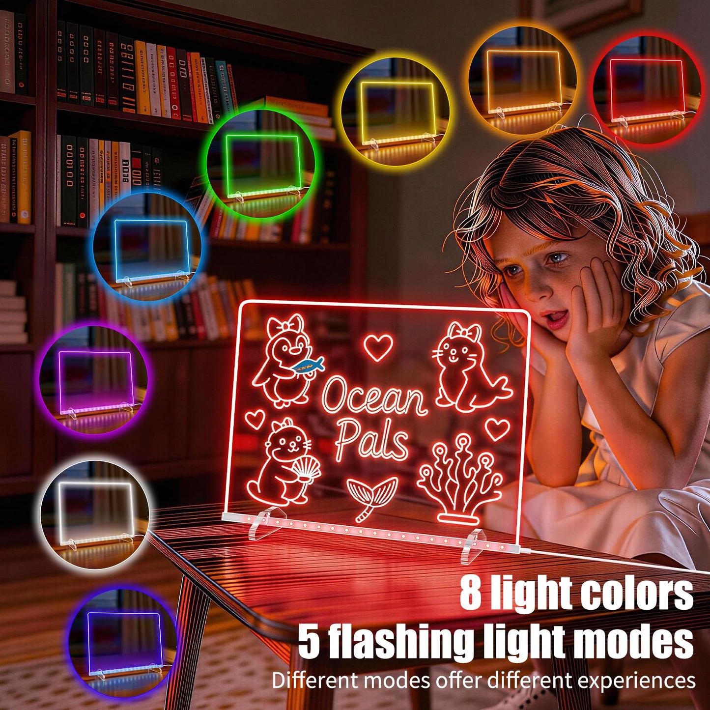 LED Note Board with 8 Colors 6 Modes -13.7"X10" Acrylic Dry Erase Board, Led Drawing Board Includes Adapter, 14 Markers, Tracing Paper, Sketching Gifts for Kids/Girls/Teens