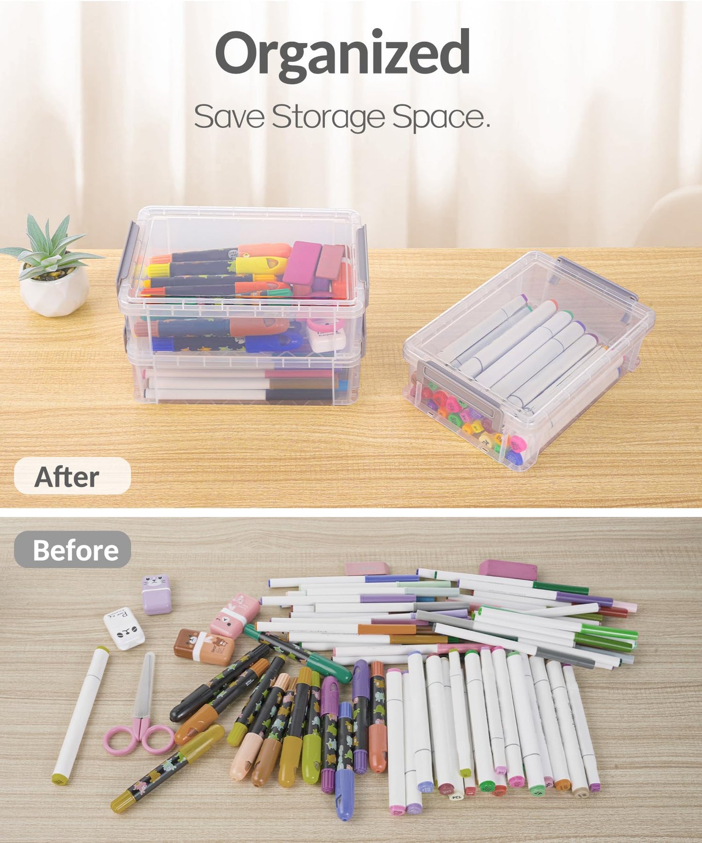 Sooez 6 Pack Extra Large Pencil Box, Plastic Pencil Case Crayon Box, Clear Marker Organizer Plastic Containers with Lid, Stackable Storage Boxes for Art Craft,Pen,Back to School Teacher Supplies, Grey
