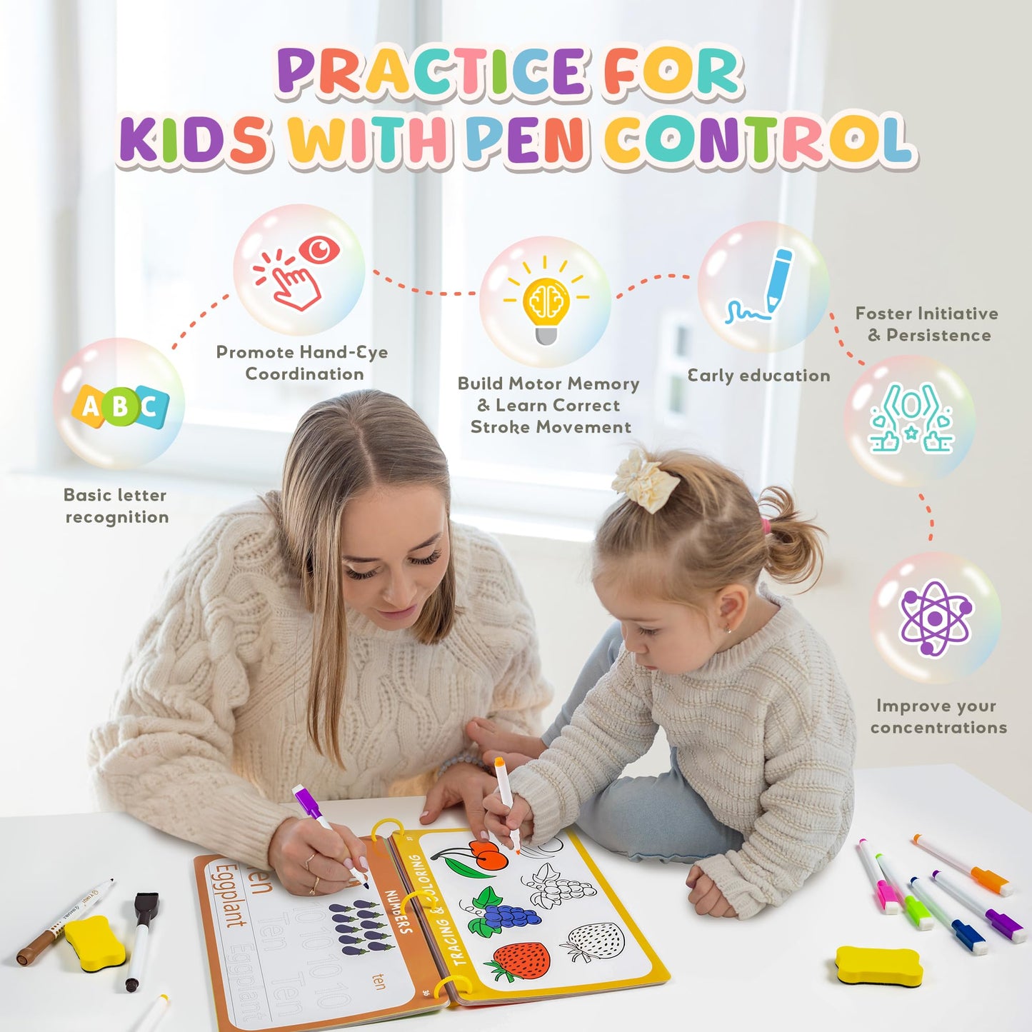 Fabeto Preschool Learning Activities Educational Workbook: Prek Handwriting Practice Tracing Busy Book - Toddlers Educational Toys - Autism Learning Materials | Montessori Games for Kids Age 3 4 5