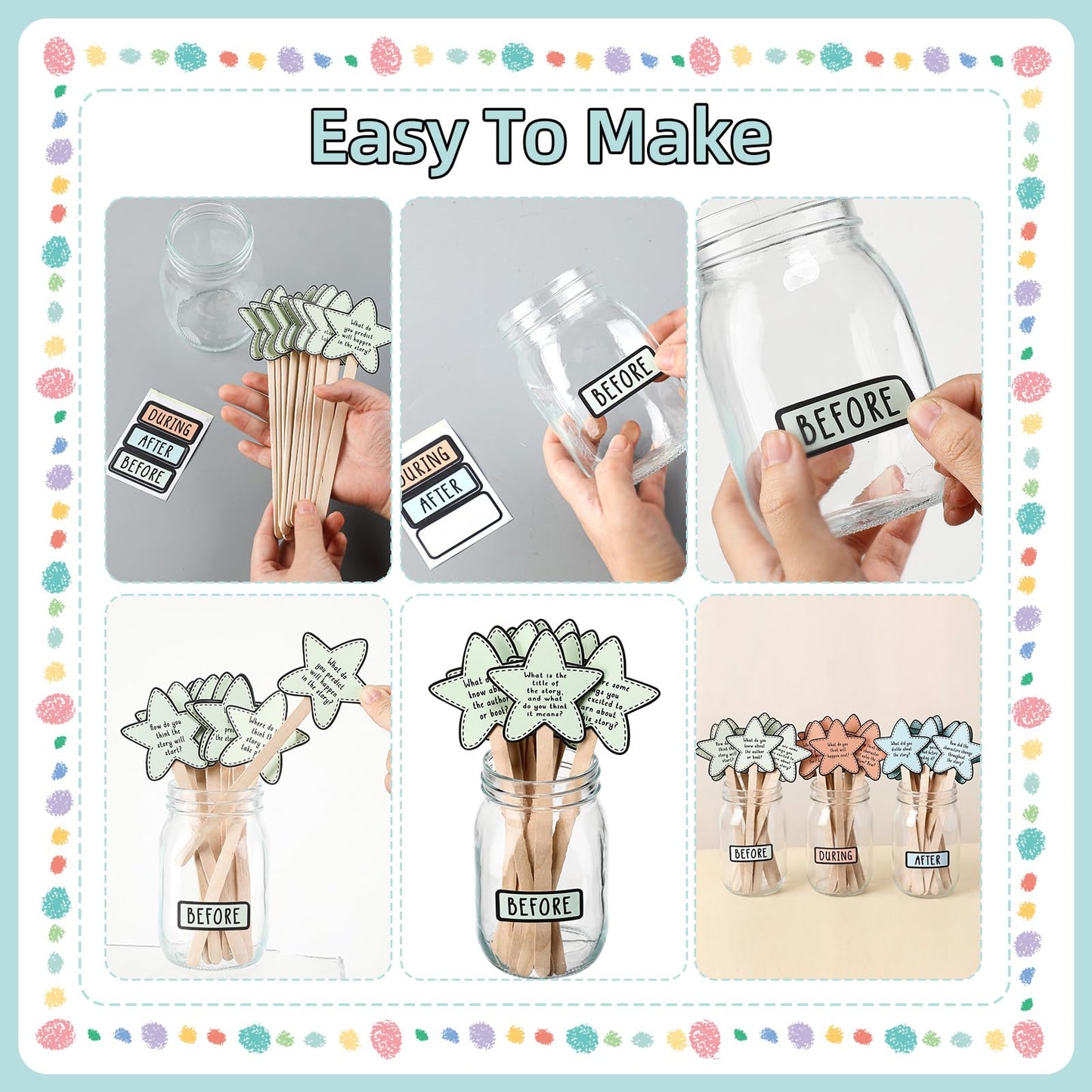 Eaasty 33 Pcs Reading Comprehension Game Classroom Management Supplies Bottle with Sticker Question Card Classroom Readings Tool Elementary Kindergarten Decor Before During After Reading Teacher