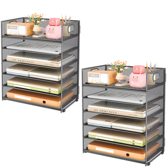 Subekyu 6-Tier Desk Paper Organizer, Desktop File Letter Tray with Handle, Document Sorter and Accessories Holder for Office, Home and School Workspace Organizers, Gray-2 Pack