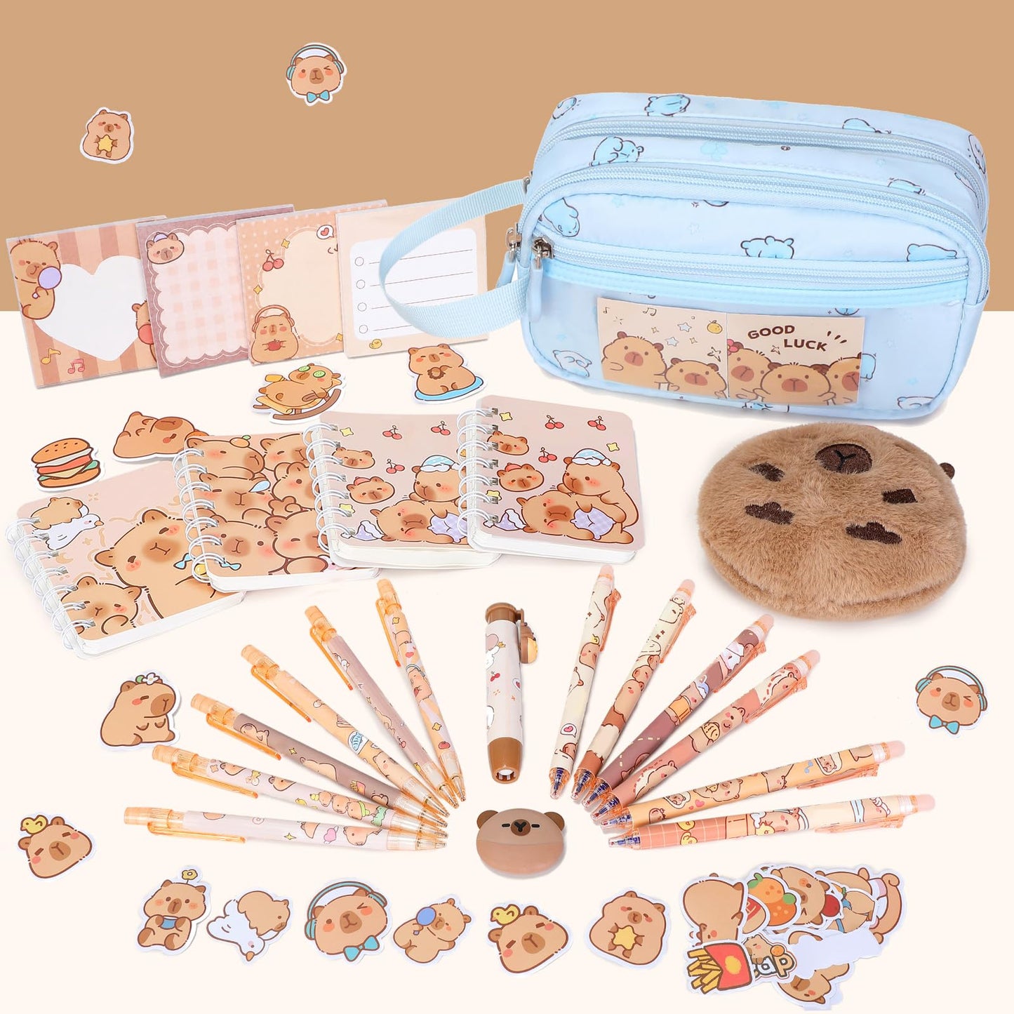 Similove Capybara Theme Backpack for School Girls, 35PCS Kids Backpack Set with School Supplies Stationery Kit Lunch Box Pencil Case, Cute Girls Bookbag for Kindergarten Elementary Student