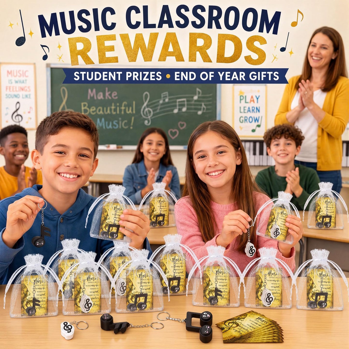Junkin 24 Sets Music Note 3D Printed Clicker Fidget Keychains with Cards and Organza Bags- Stress Relief Key Rings for Graduation Gift, Music Party Favors, Students, Teachers, Birthday Gift