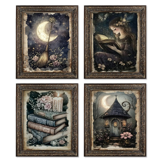 Locomiss Vintage Gothic Dark Academia Witchy Book Wall Art Decor, Fantasy Cottagecore Mystical Enchanted Forest Prints Posters for Home Bedroom Living Room Wall Decor, Set of 4, 8x10 Unframed