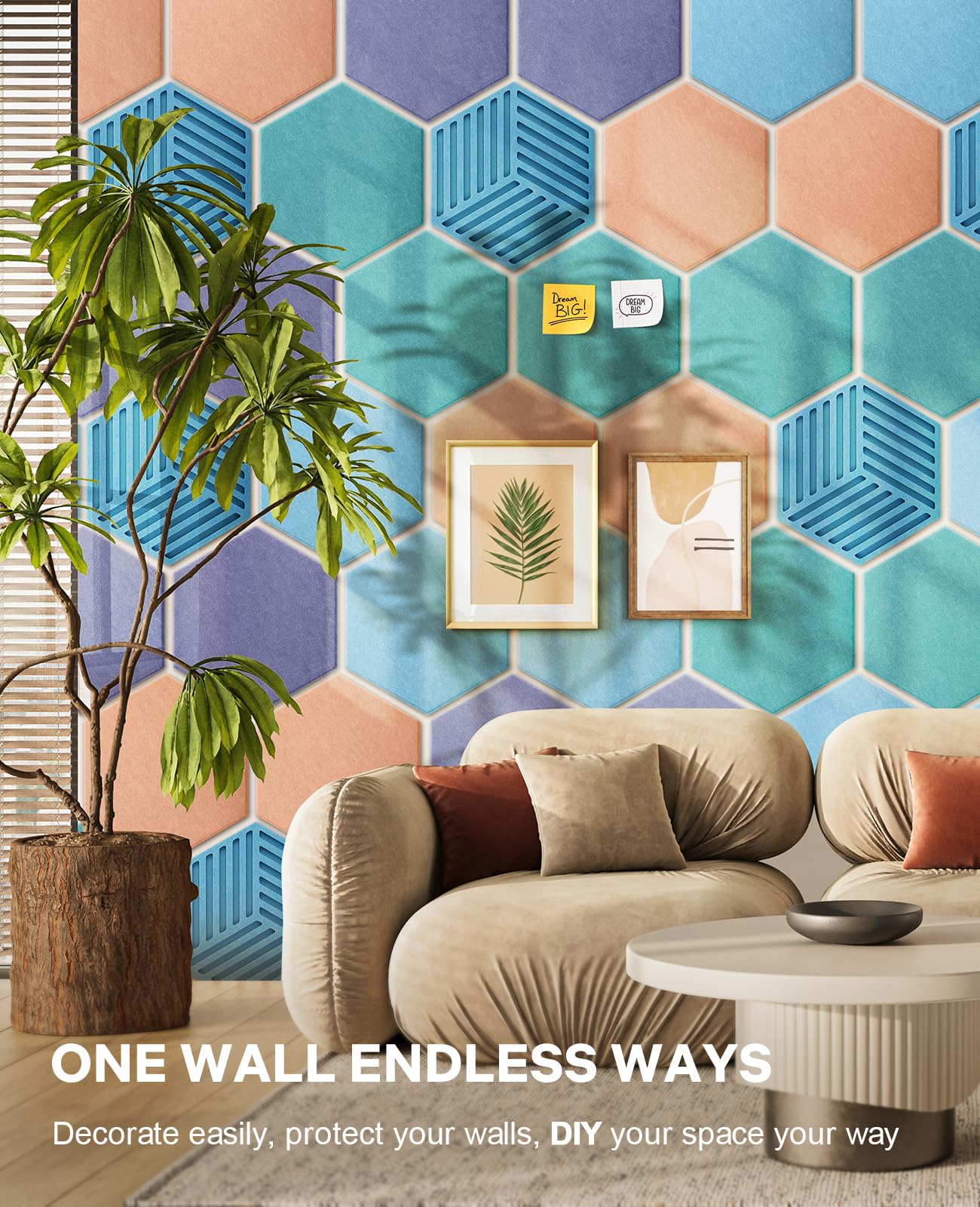 Hexagon Large Cork Bulletin Board Tiles, Peel and Stick Felt Wall Panels for Vision, Message Center, Picture and Prayer Board for Office, Dorm, Room and Desk Decor(Coastal Haze)
