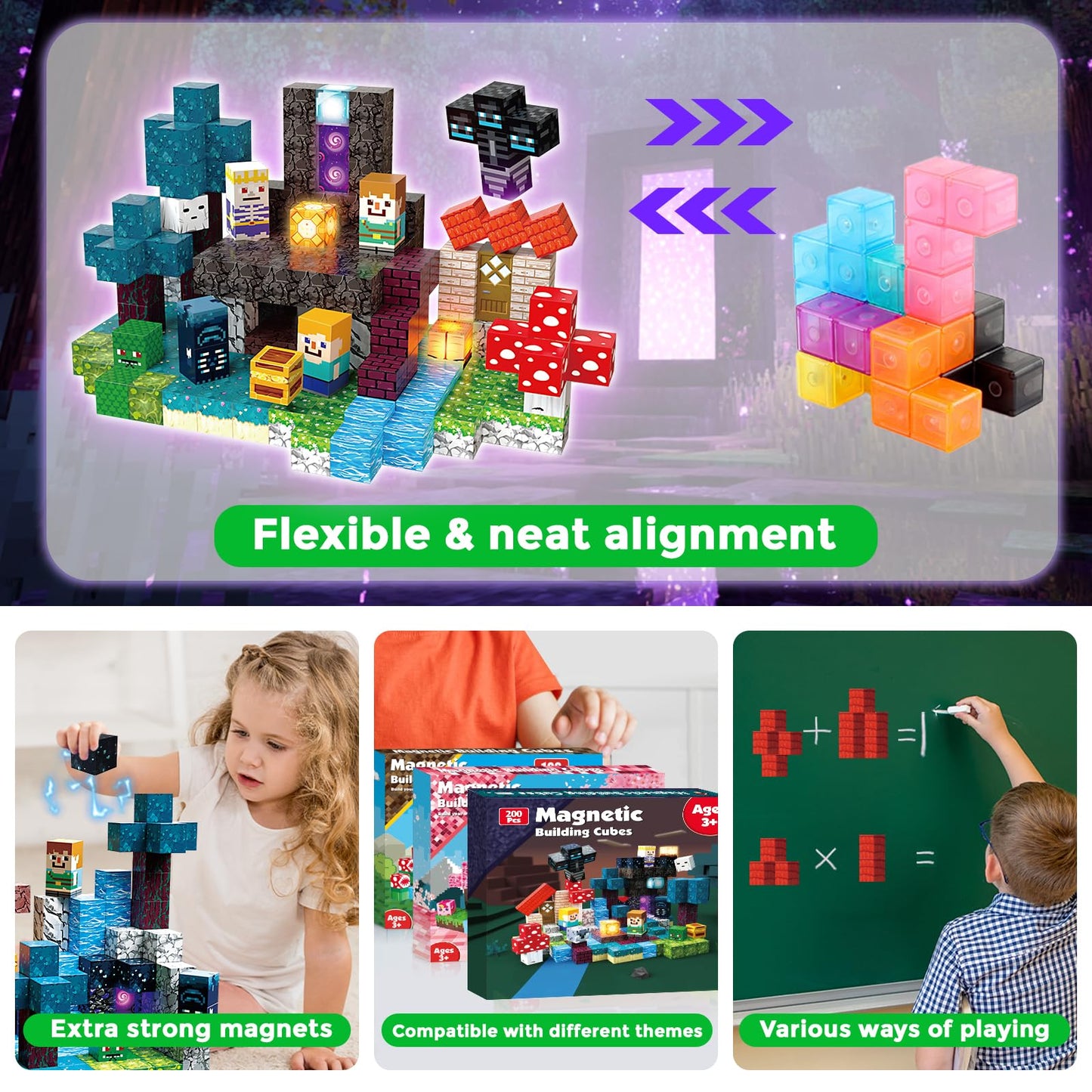 200 PCS Magnetic Blocks - Light Up Magnetic Building Blocks for Kids, Magnet Cubes Stacking for Boys Girls, STEM Montessori Sensory Toys Ages 3 4 5 6 7 8 9 10 11 12 13 Birthday Gifts
