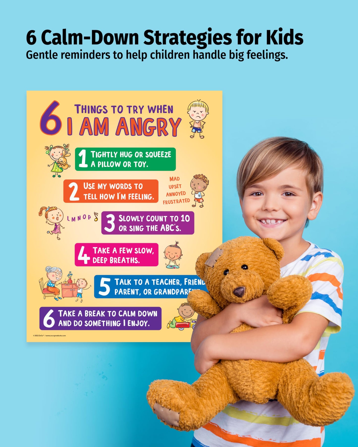 ZOCO – 6 Anger Control Strategies Posters (5-Pack) – Calm Down and Manage Emotions for Toddlers – Classroom Behavior Management for Preschool, Daycare, and Homeschool – Made in USA